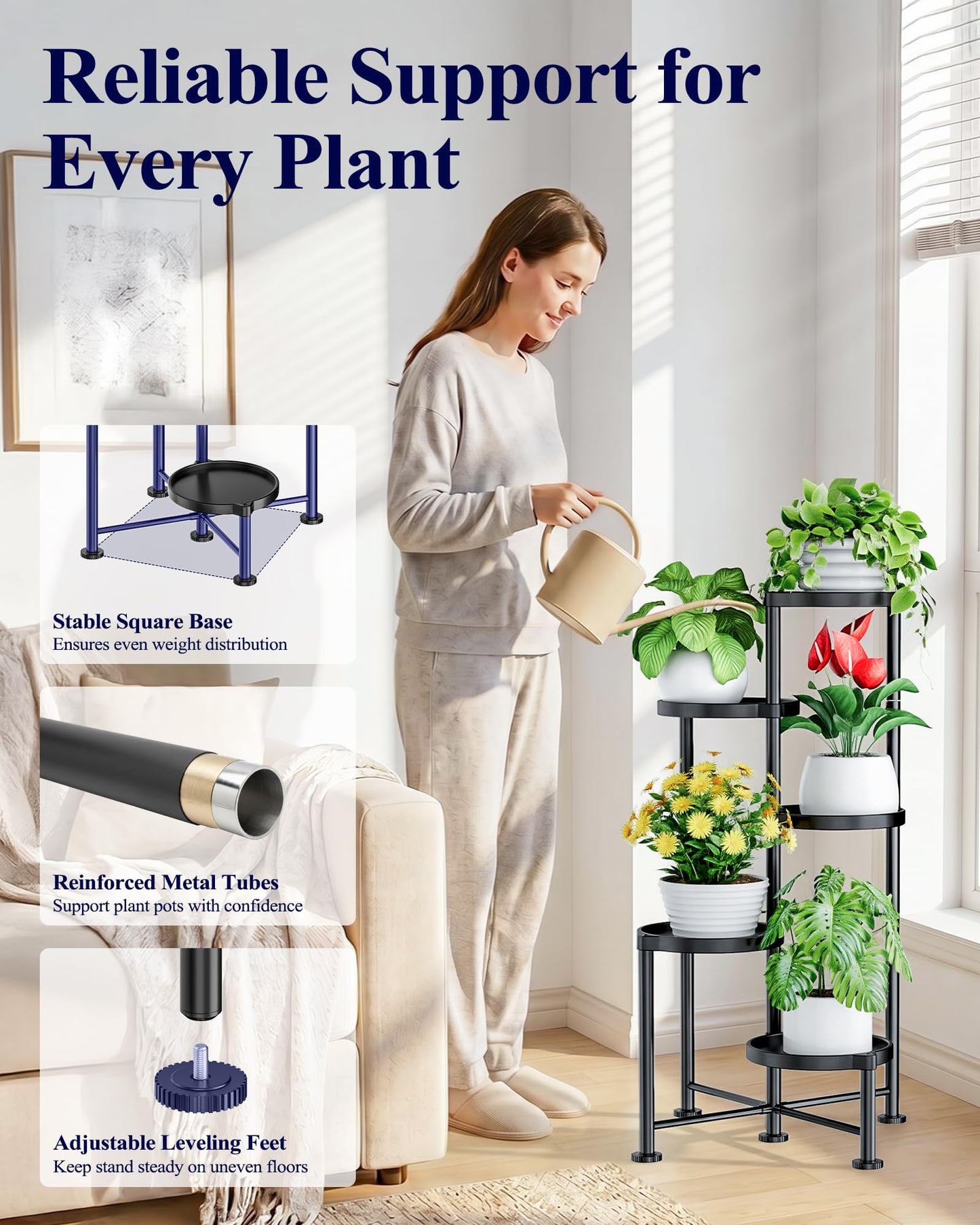 Kitsure Plant Stand Indoor & Outdoor - 5-Tier Plant Shelf with Deep Trays & Leveling Feet, Easy Assembly, Space-Saving Tiered Plant Stand for Bedroom, Living Room, Porch, Black