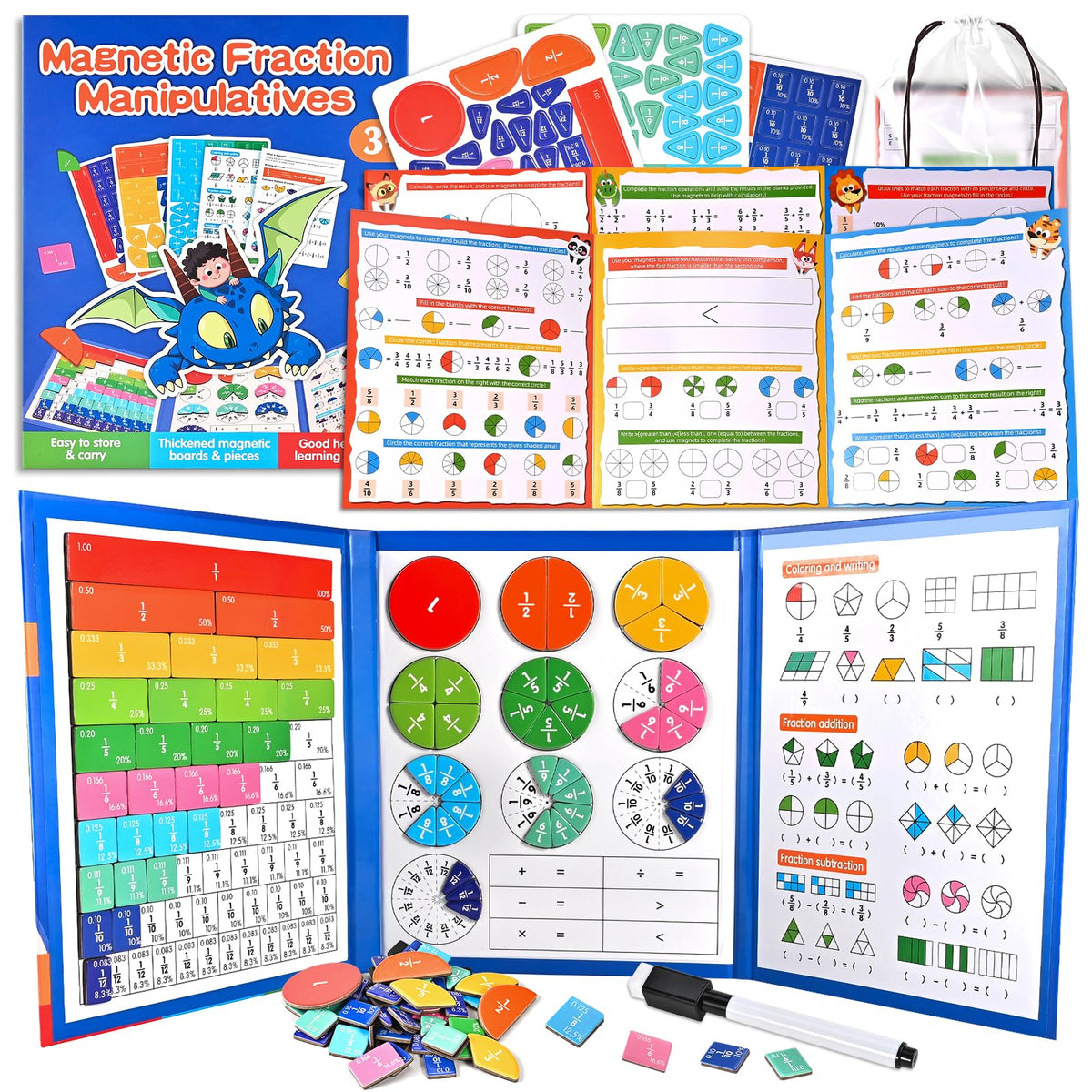 Magnetic Fraction Demonstration Book with Magnetic Fraction Tiles & Circles, Hands-On Fraction Manipulatives for Kids, Visual Math Learning Set for Classroom, Homeschool & Early Math Practice