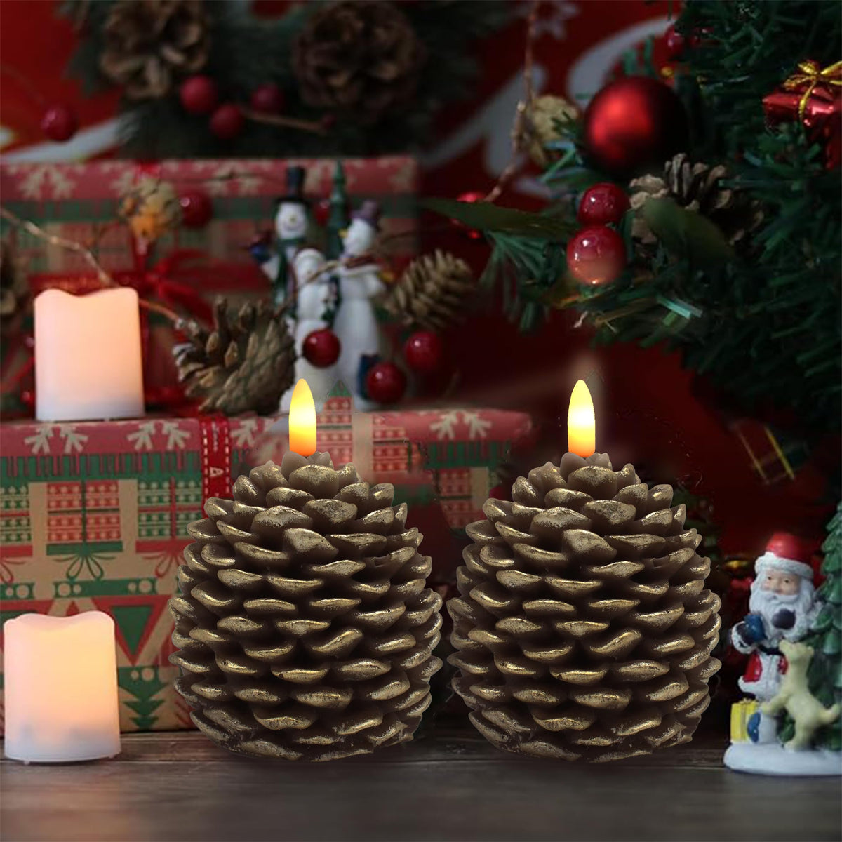 CVHOMEDECO. Pine Cone Candles Battery Operated Pinecones with Remote and Timer, Pine Cones Candle LED Flameless Flickering Candles for Fall, Christmas Decor. Golden-Brown, H 4.8 Inch, Pack of 2