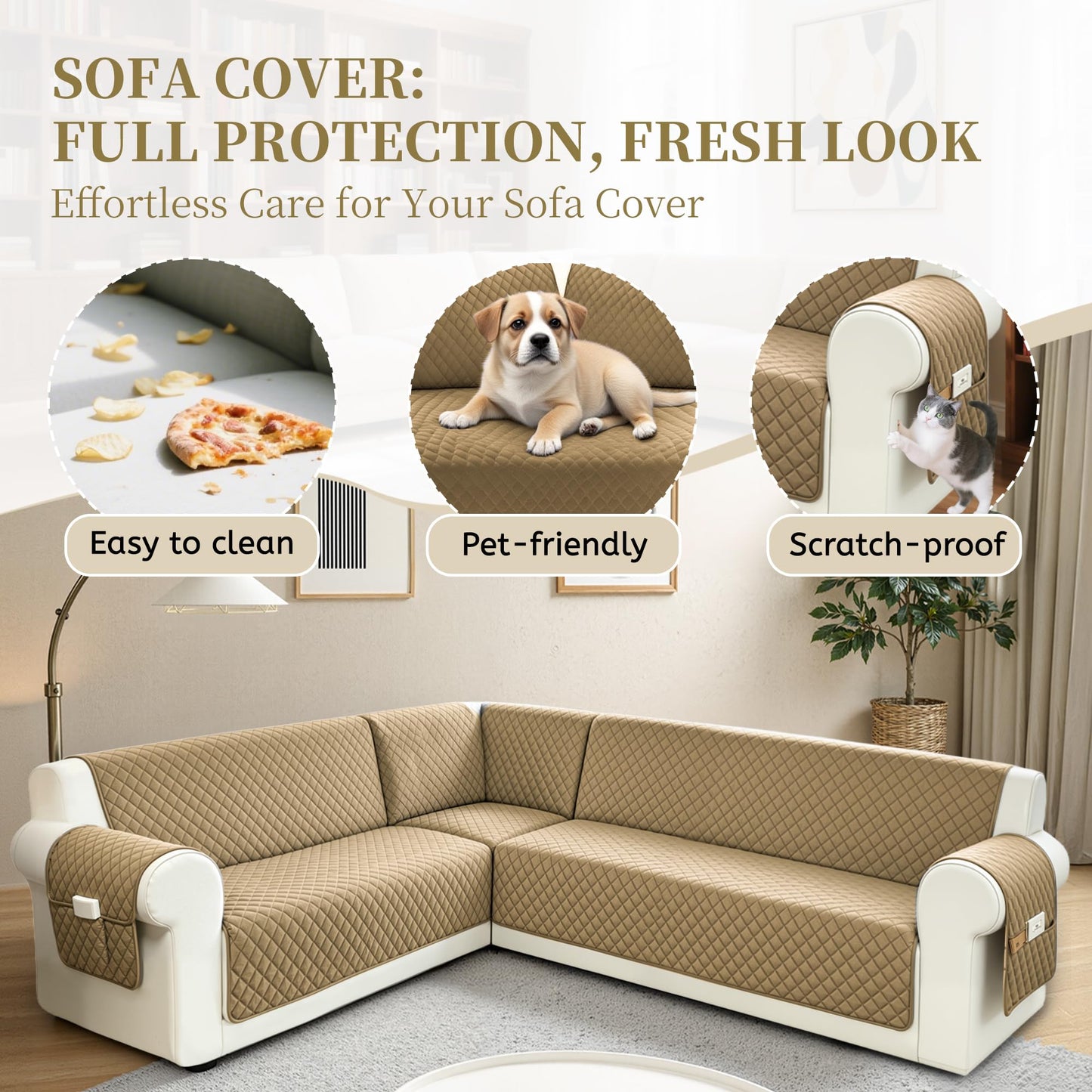 SYJOVIA Sectional Couch Covers for Dogs 100% Waterproof Corner L Shaped Sofa Cover Pet Friendly Velvet Washable Anti Slip L Shape Modular Sofa Slipcover Protector with Pockets (Light Brown, X-Large)