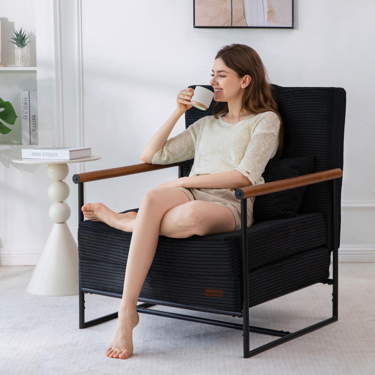 MAXYOYO Convertible Chair Bed, Folding Lounge Chair with Adjustable Backrest, Versatile Folding Sofa Bed, Tufted Corded Upholstered Chair with Frame, Adjustable Recliner Chair for Living Room, Bedroom