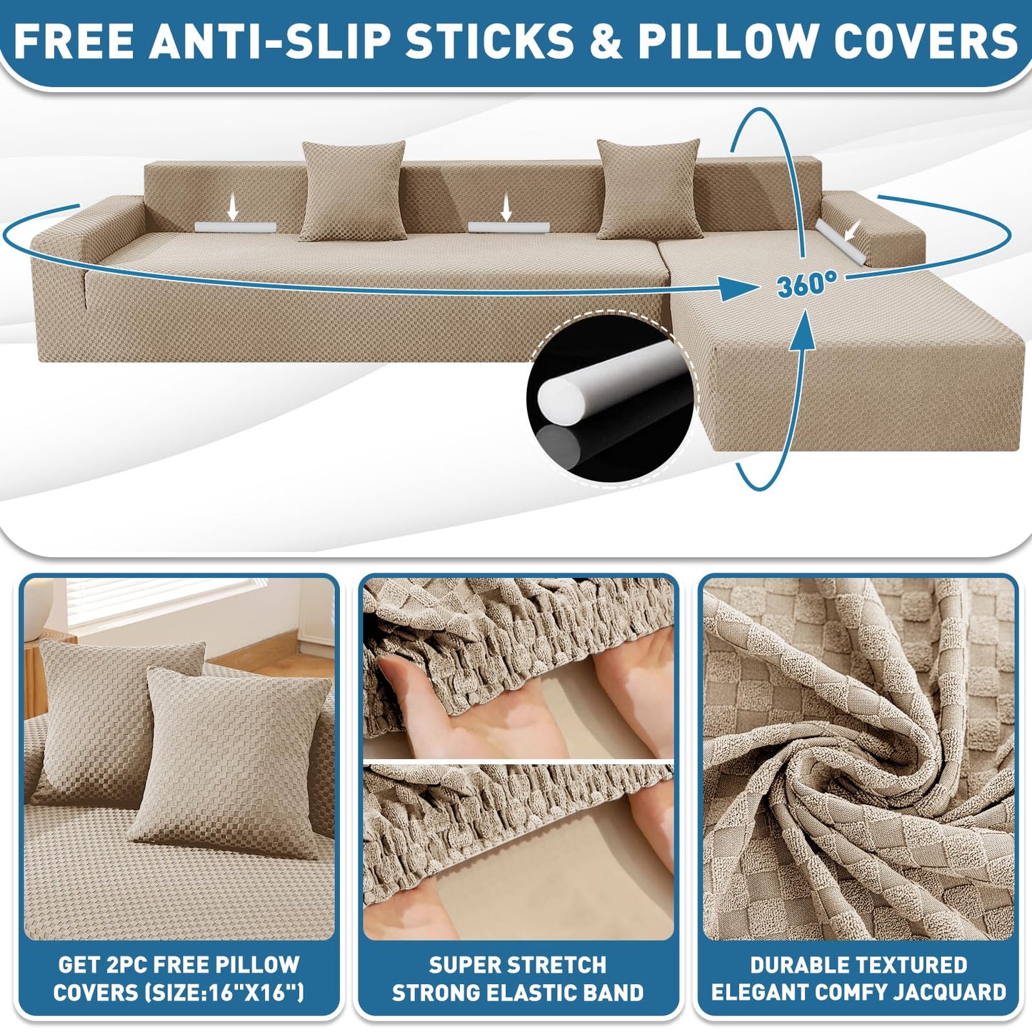 ZNSAYOTX Sectional Couch Covers, Stretch Jacquard Slipcovers with Elastic Bottom for L-Shape Sectional Sofa, 2 Pcs Pet Friendly Modular Sofa Protector (3 Seat Couch + 3 Seat Chaise, Khaki)
