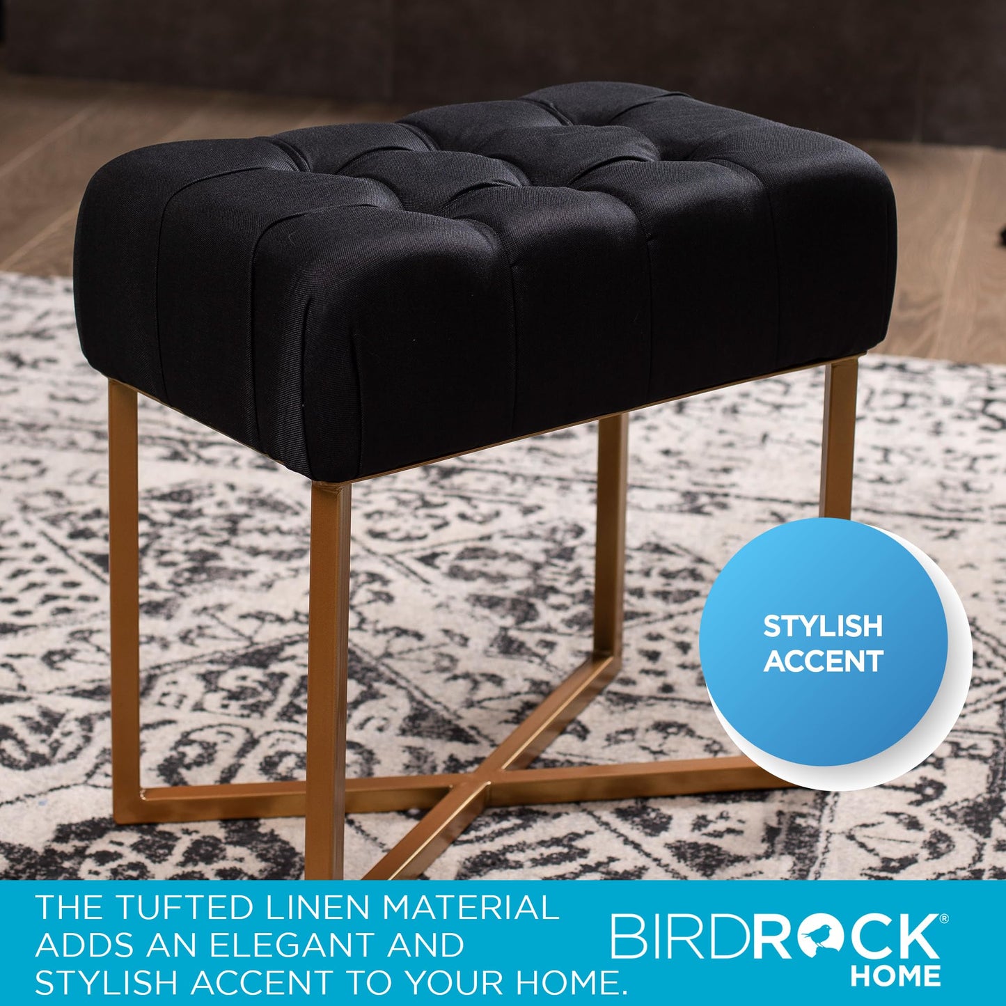 BIRDROCK HOME Rectangle Tufted Linen Ottoman Foot Rest - 19.7x11.82x17.73” Small Foot Stool with Legs - Padded Footrest Modern Ottomans for Living Room Furniture, Bedroom Footstool (Black)