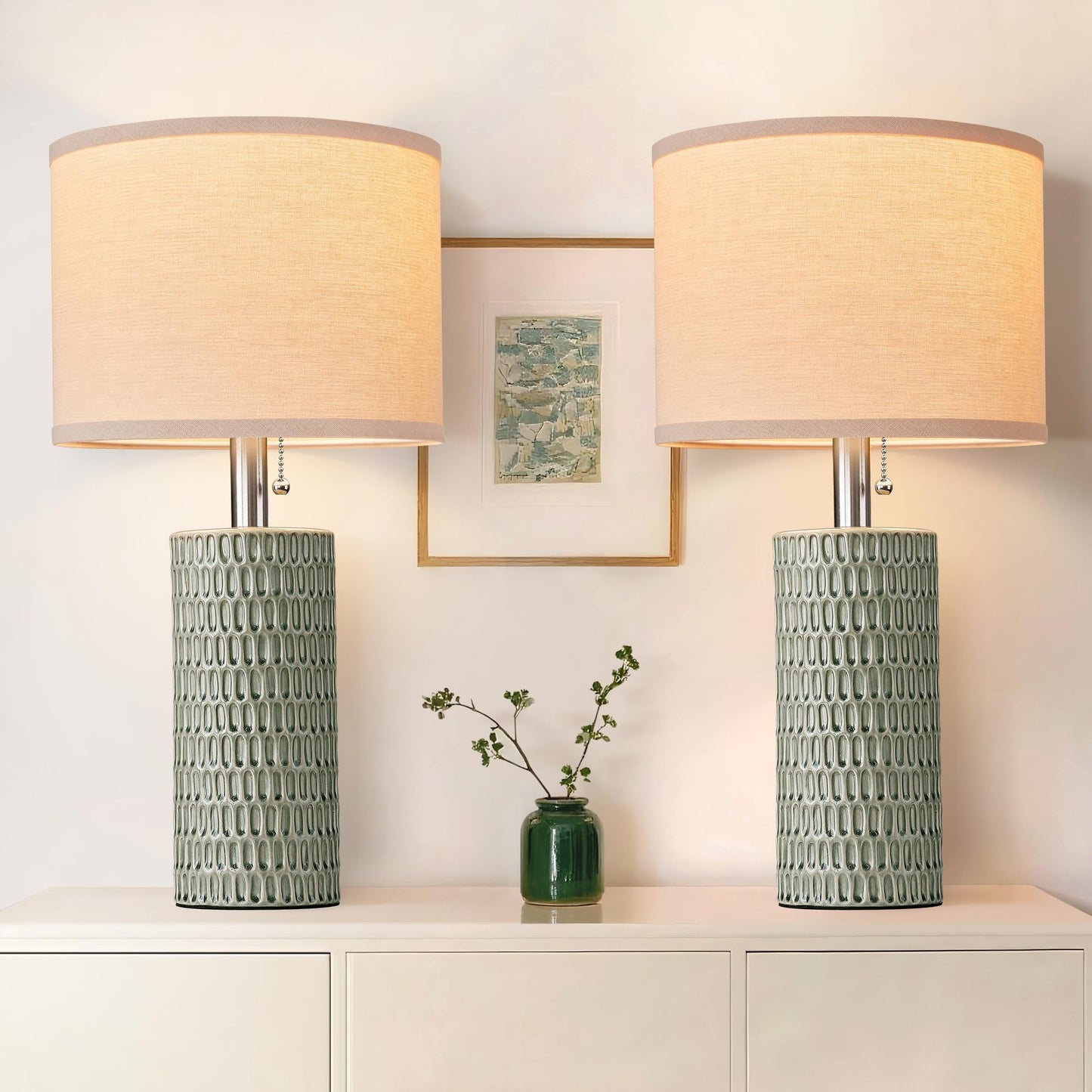 Reaketon 20.5" Modern Ceramic Table Lamps for Bedroom Set of 2, Bedside Lamps for Night Stands with Beige Lampshade, Farmhouse Table Lamp for Living Room Office Dorm, Light Green