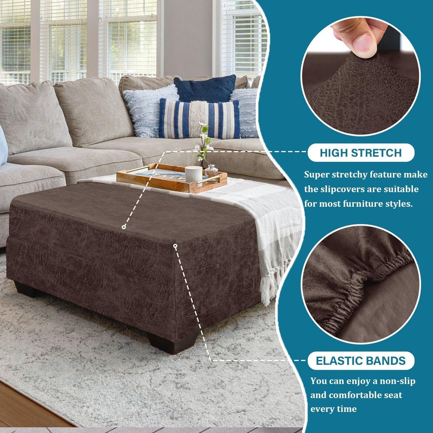 HYGPP Faux Leather Ottoman Cover Rectangle Ottoman Slipcover Waterproof Storage Ottoman Cover Stretch Non Slip Living Room Furniture Protector-Brown-Large(Brown,Large)