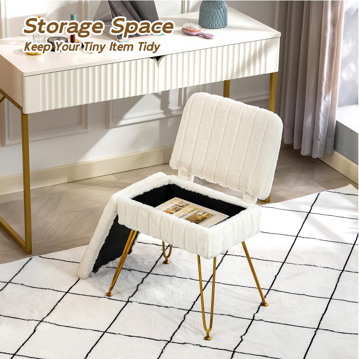 Manyday Vanity Chair with Storage, Comfy Ottoman with Folding Back, Faux Fur Vanity Stool with 4 Metal Legs for Make Up, Furry Padded Seat with Anti-Slip Feet for Bedroom Dressing Room