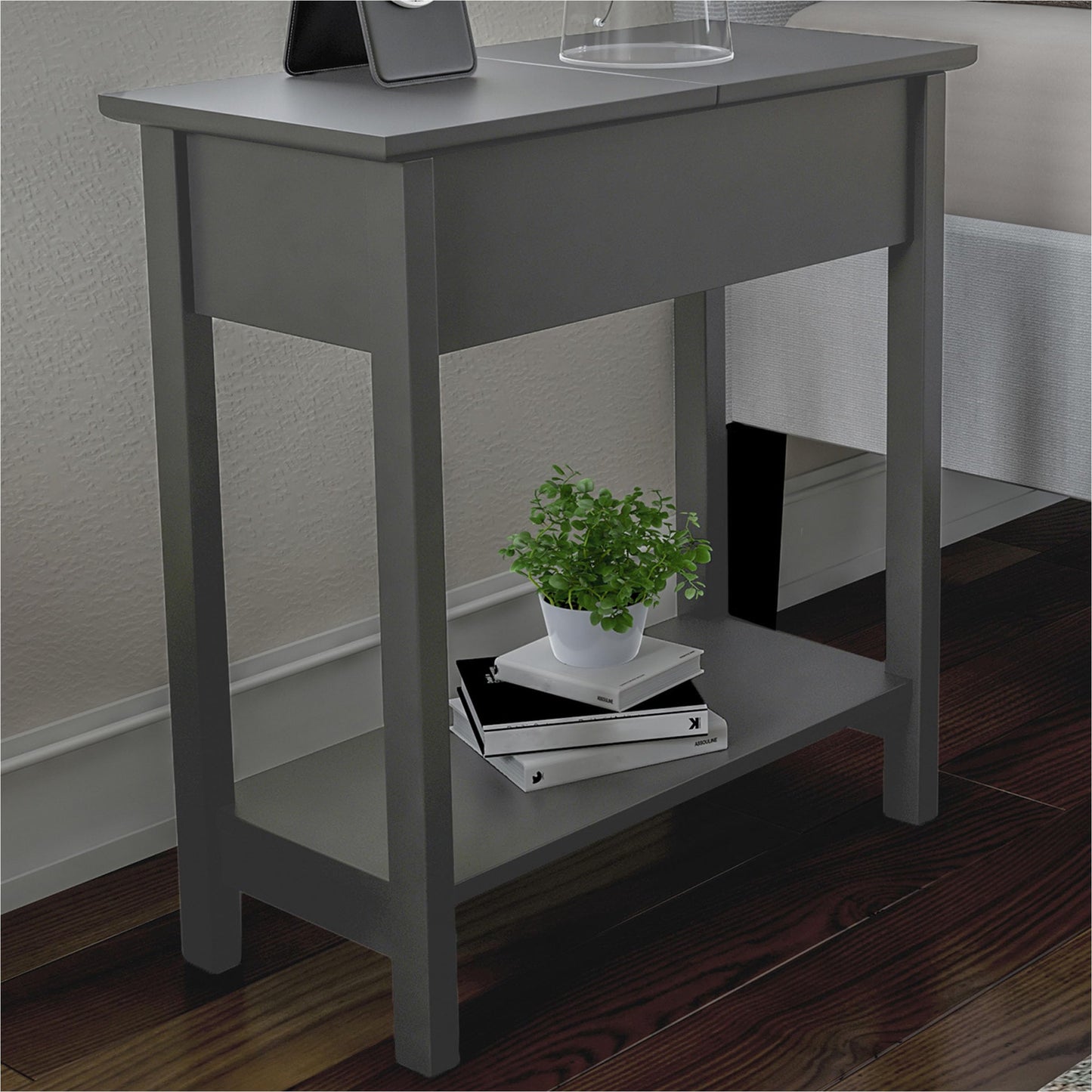 Lavish Home Flip Top End Table – Set of 2 Living Room End Tables with Hidden Hinged Storage Compartment and Lower Shelf (Gray)
