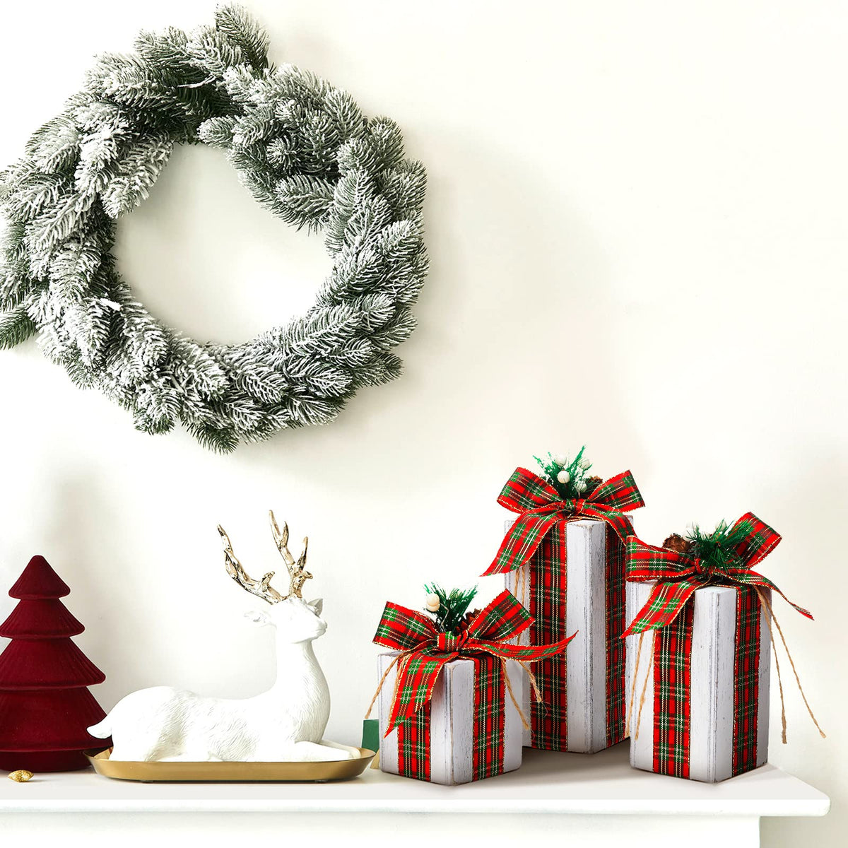 Amyhill 3 Pcs Christmas Wooden Gifts Box Decor Christmas Plaid Presents Table Centerpieces Rustic Wooden Gifts Tiered Tray Decor with Buffalo Plaid Bowknot for Xmas Party(White,Retro)