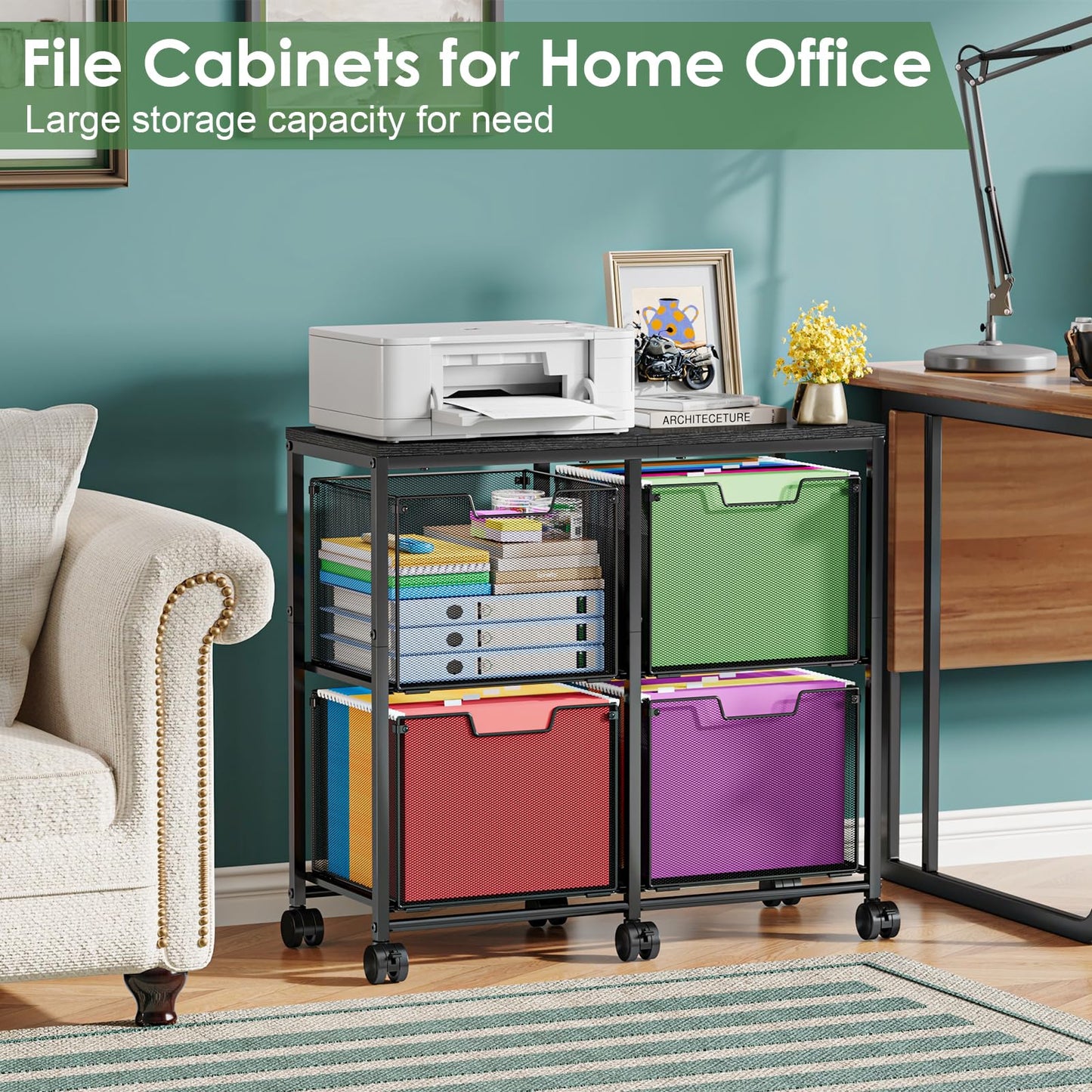 Sbanmao 4 Drawer Lateral File Cabinet, Mobile Filing Cabinet, Printer Stand with Wheels Under Desk Storage Office Storage Cabinet Fits Letter Size for Home Office, Black