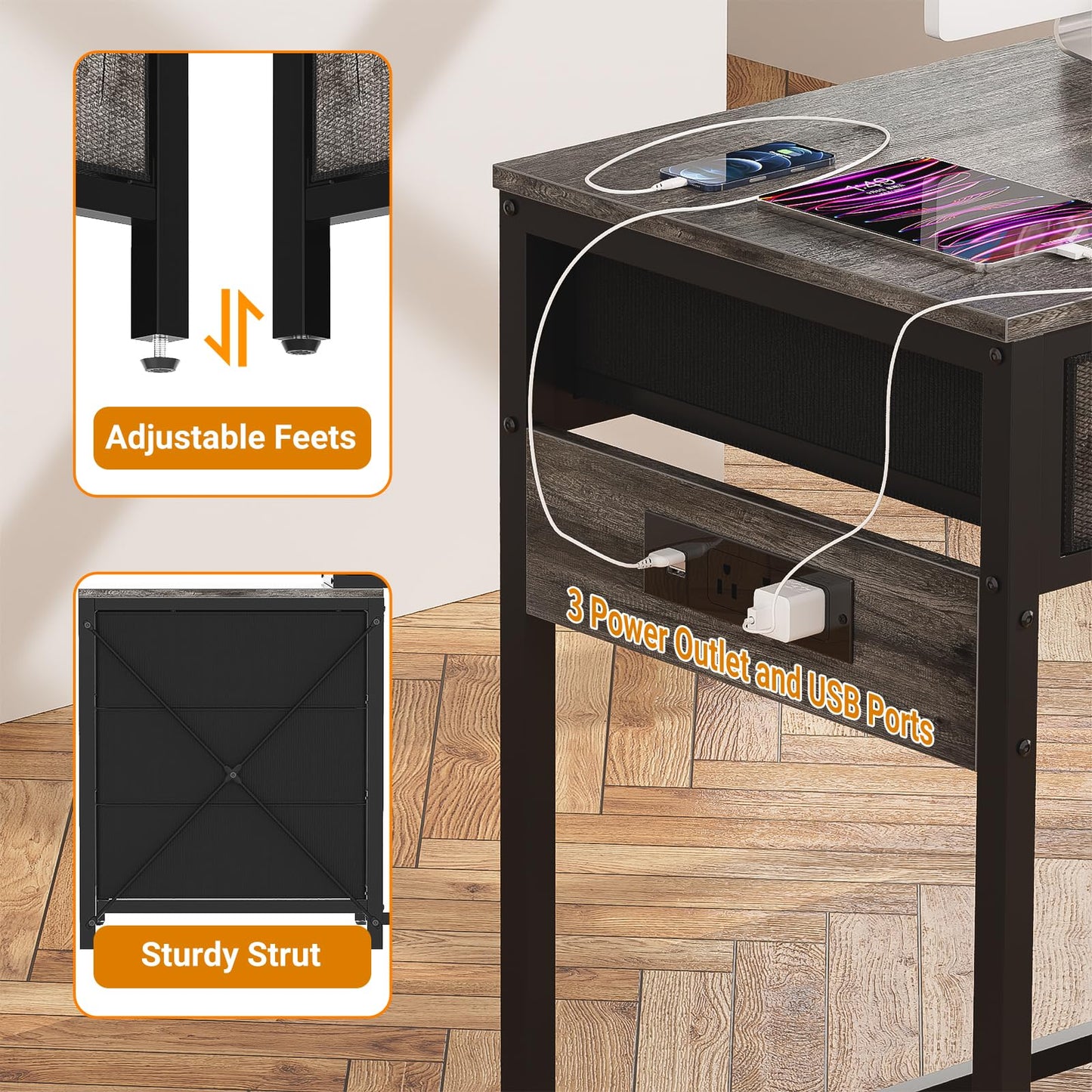 Unikito Computer Desk with 5 Drawers, Reversible Home Office Desk with Power Outlets, Sturdy Writing Desk with File Cabinet and Printer Stand, Vanity Desk with Storage for Small Space, Black Oak