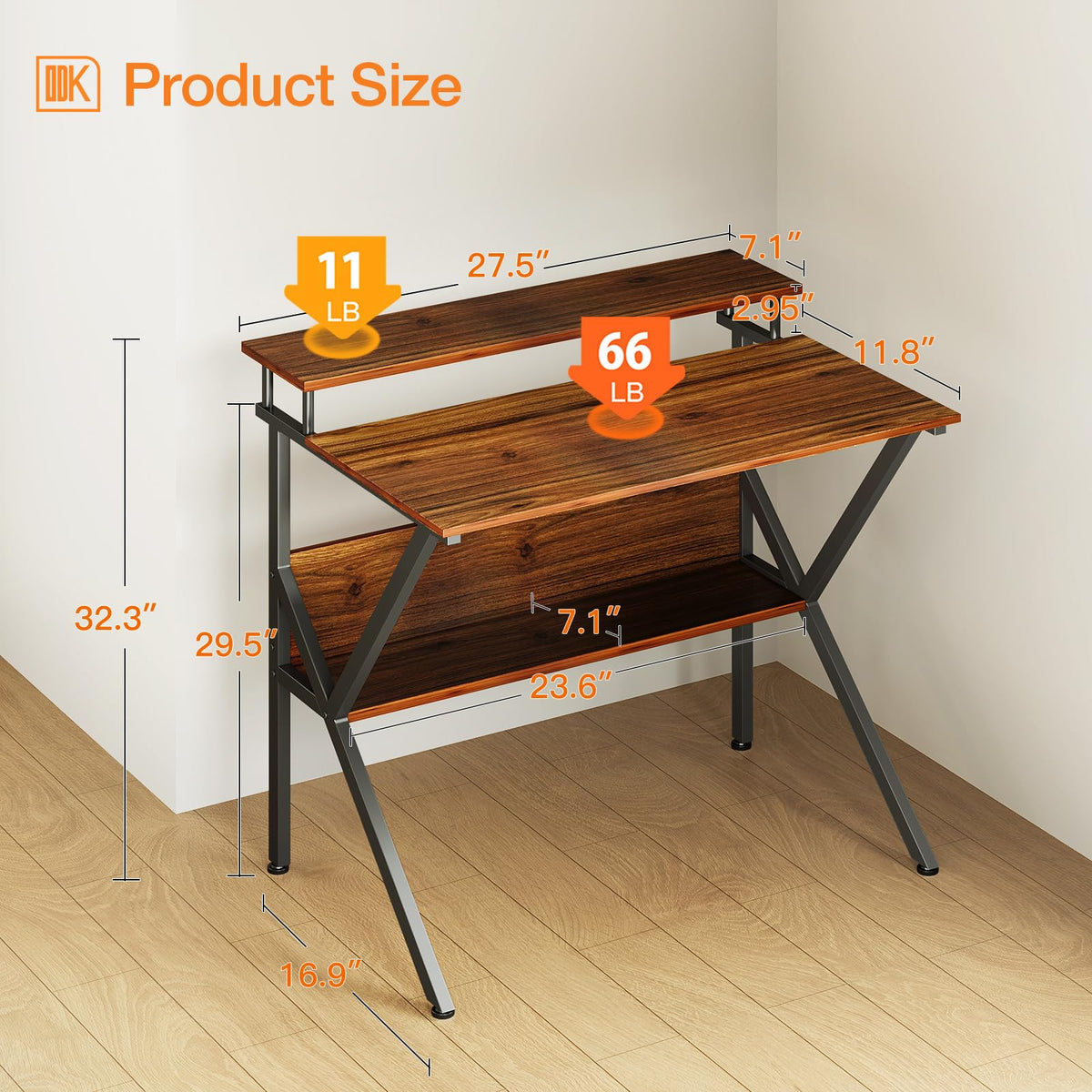 ODK Small Desk, 27.5 Inch Computer Desk for Small Spaces, Study Desk with Storage & Monitor Stand, Deep Brown