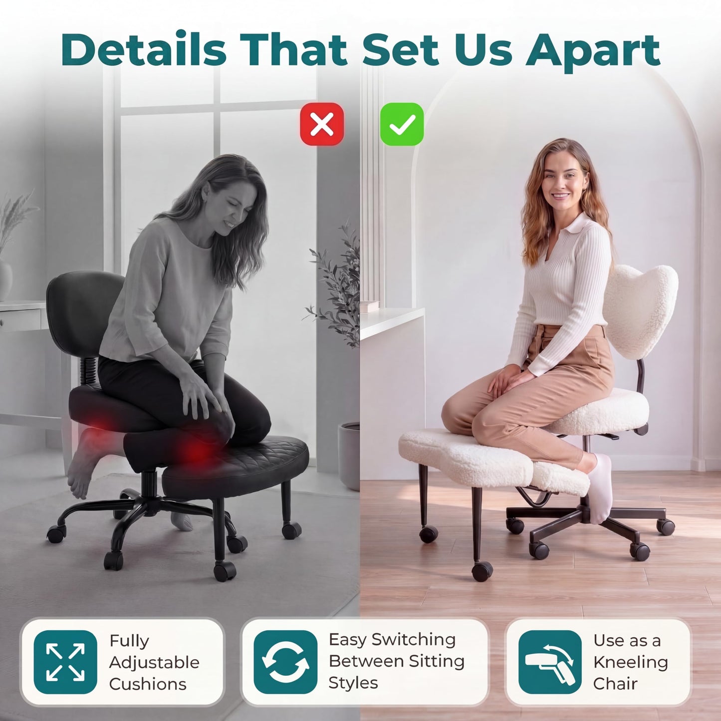 Ergonomic Cross Legged Office Chair with Footrest - Adjustable Crisscross Desk Chair for Kneeling & Sitting Cross-Legged - Swivel Task Chair with Back Support for ADHD & Home Office (White Fleece)