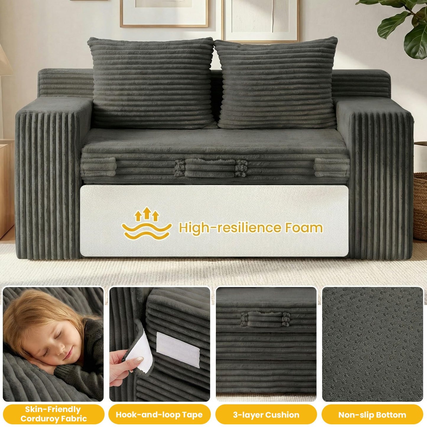 Boneless Couch,Boneless Loveseat Sleeper Sofa Bed – 3-in-1 Convertible Couch Bed with Side Pockets & Handle,Pull Out Corduroy Futon for Small Space,Living Room & Bedroom,2 Pillows Included,No Assembly