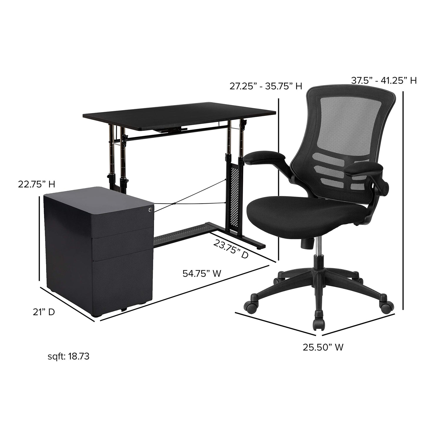 Flash Furniture Work From Home Kit - Adjustable Computer Desk, Ergonomic Mesh Office Chair and Locking Mobile Filing Cabinet with Side Handles