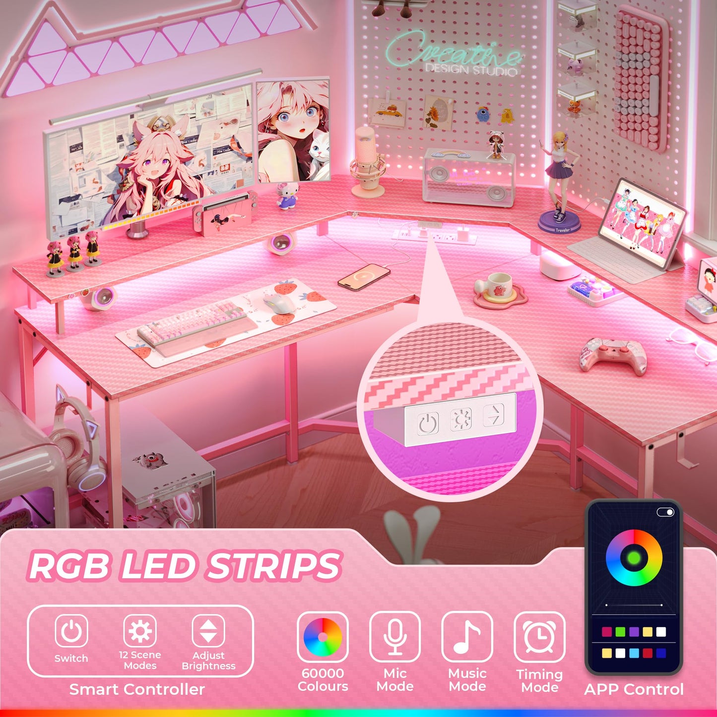 Huuger L Shaped Gaming Desk with Power Outlets & LED Lights, Computer Desk with Monitor Shelves, Carbon Fiber Surface, Home Office Desk, Corner Gaming Desk with Hooks, Carbon Fiber Pink