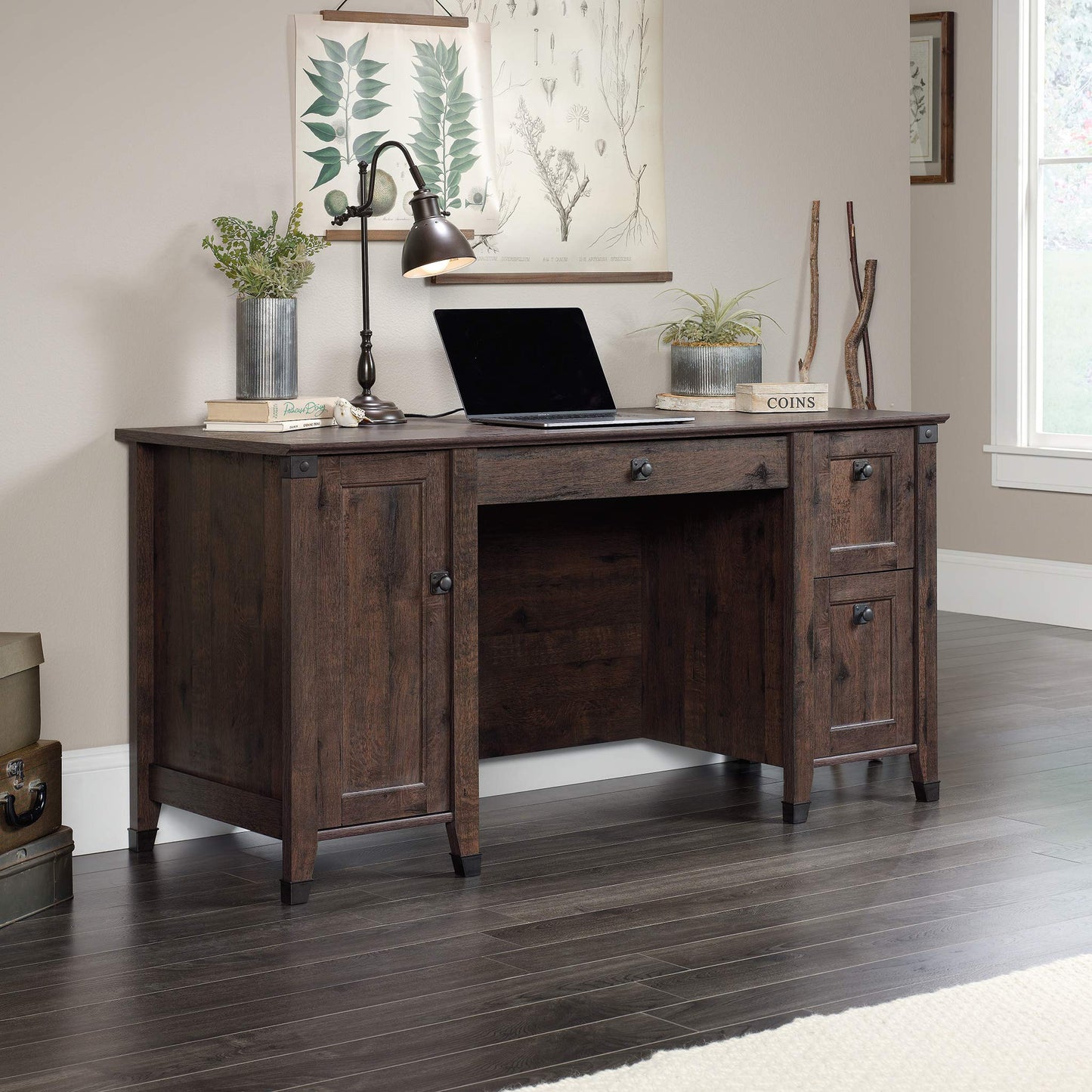 Sauder Carson Forge Rustic Vintage Computer Desk with Drawers Storage, in Coffee Oak finish