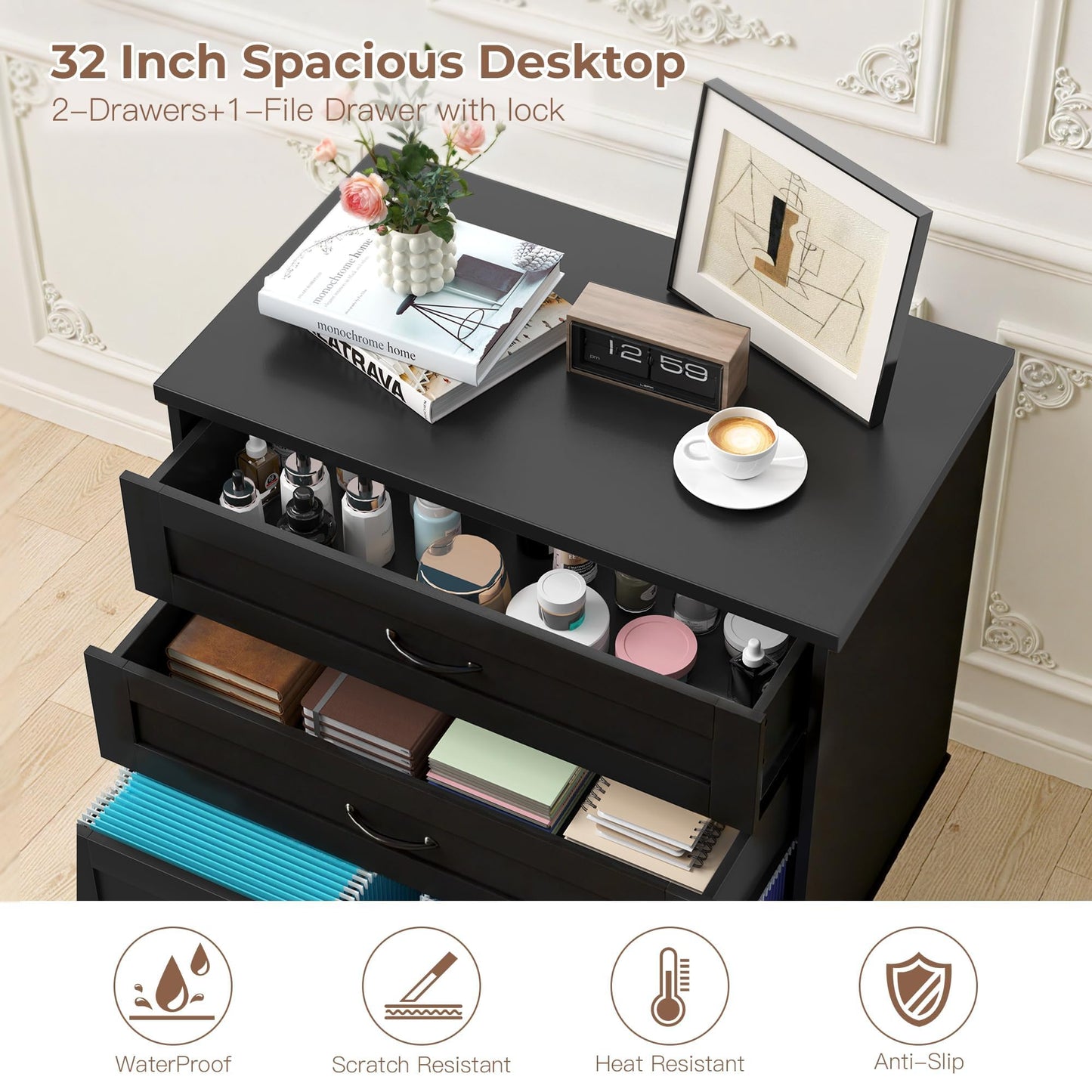 Quikraen Large Wooden File Cabinet Black 32in Lateral Filing Cabinets 3 Drawer with Hanging File Folders for A4 Letter Legal Wood Office Storage Organizer Furniture Printer Stand