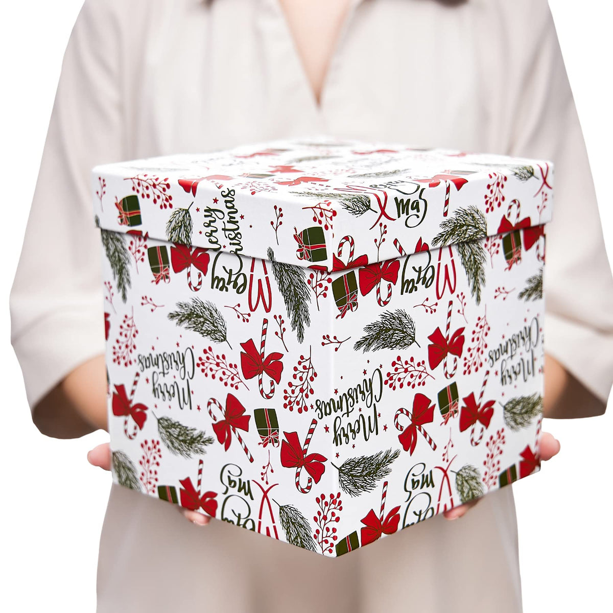 UNIQOOO 5PCS Christmas Nesting Gift Boxes with Lid, Nested Box Set, 5 Sizes, Square Stackable, Red White Green, Xmas Berry Candy Cane Paper Box Tower Décor, Holiday Thanksgiving New Year Packaging