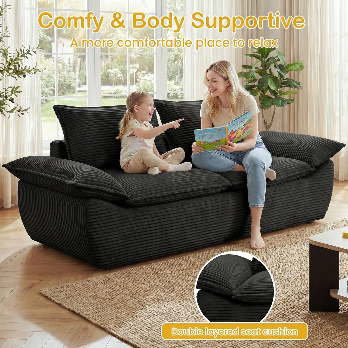 AOLVDOW 56" Boneless Loveseat Sofa, 2-Seater Black Boneless Sofa with Removable Cushions & 2 Pillows, Small Couch Boneless Compress Foam Sofa for Living Room, Apartments, & Office