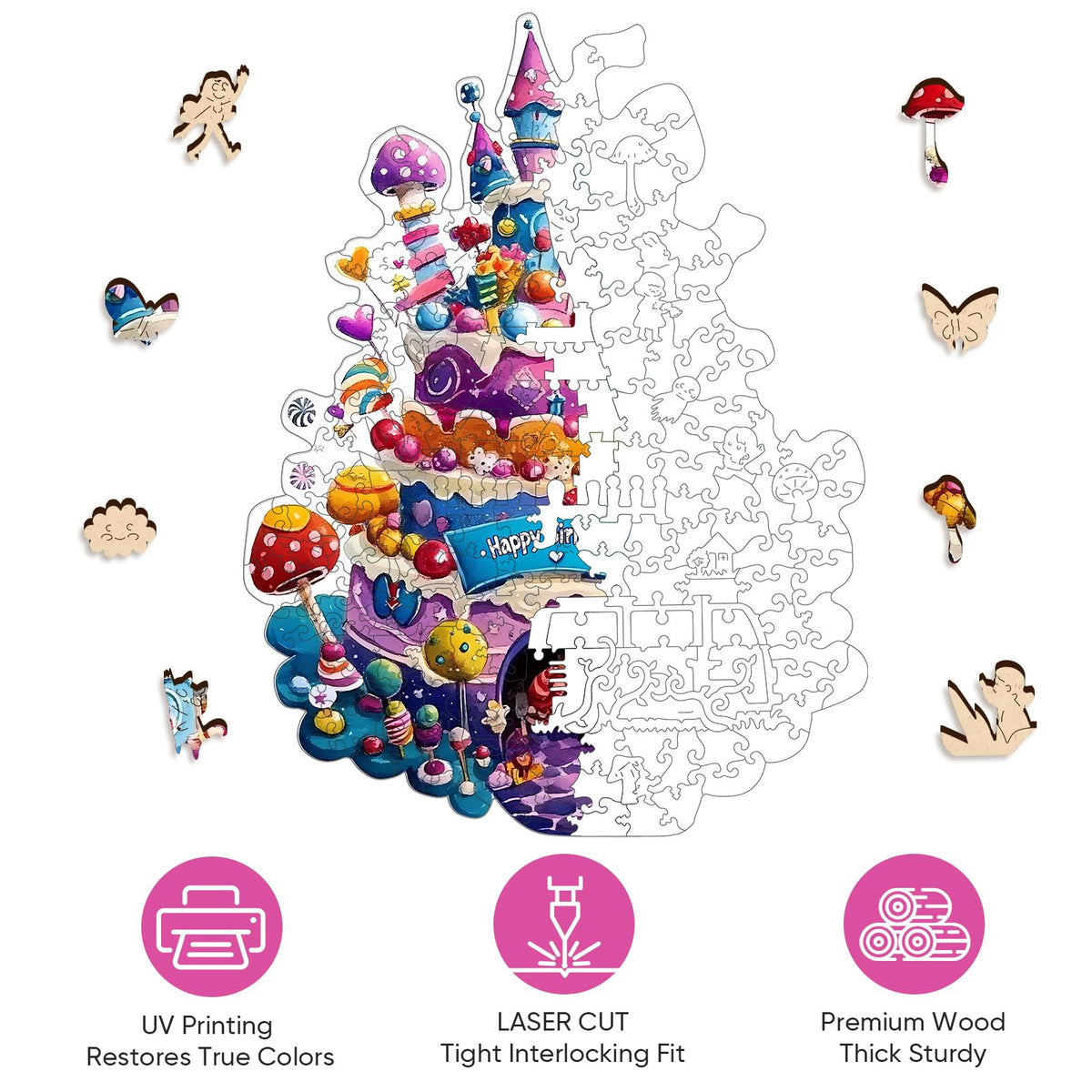 Mocfesk Birthday Cake Wooden Puzzles, Unique Shaped Wooden Jigsaw Puzzles for Kids, Small Puzzles for Grandkids, Birthday Gifts Family Games Home Decor 11.4 x 8.6 in