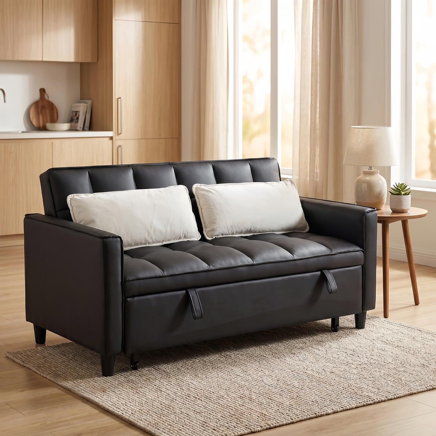 Trygoal 3 in 1 Convertible Sofa Bed, Loveseat Sleeper Sofa with Large Side Pockets, Pull Out Couch with Adjustable Backrest, Easy Assembly, PU Couch Bed for Small Spaces, Apartment, Black