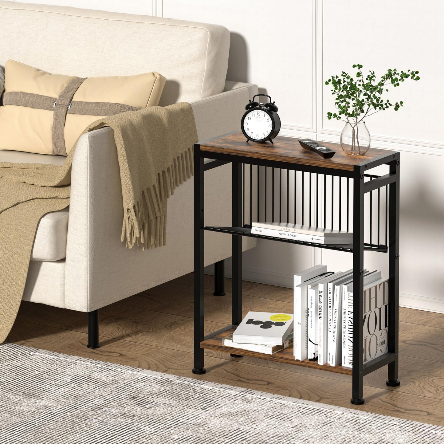 Lifenite Side Table for Small Spaces, Narrow End Table with Magazine Holder, 2 in 1 Design Slim Side Table, Skinny Nightstand for Living Room Bedroom, Thin Side Magazine Table, Rustic Brown