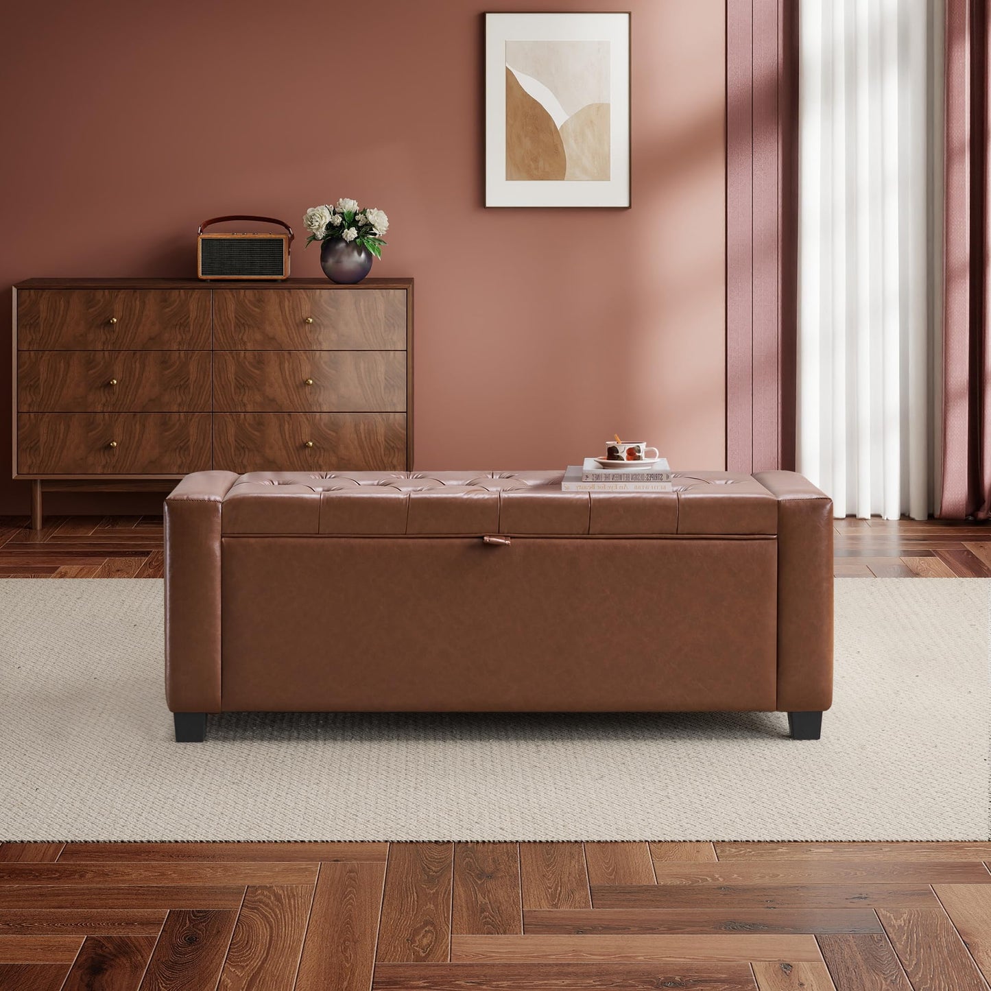 GRAINELL 42.13” Storage Ottoman Bench, Upholstered Tufted Bedroom Bench with Storage, End of Bed Storage Bench for Living Room & Entryway, 350 lb Capacity, Leather Brown