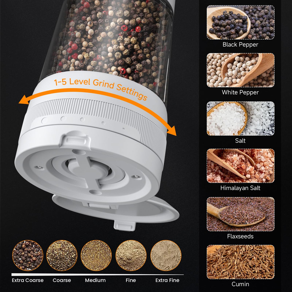 Electric Salt and Pepper Grinder Set,2 Pack Rechargeable Automatic Pepper Mill,with Charging Base,5 Level,Display,LED Lighting,Large Capacity,Kitchen Gift (2, White, Charging Base)