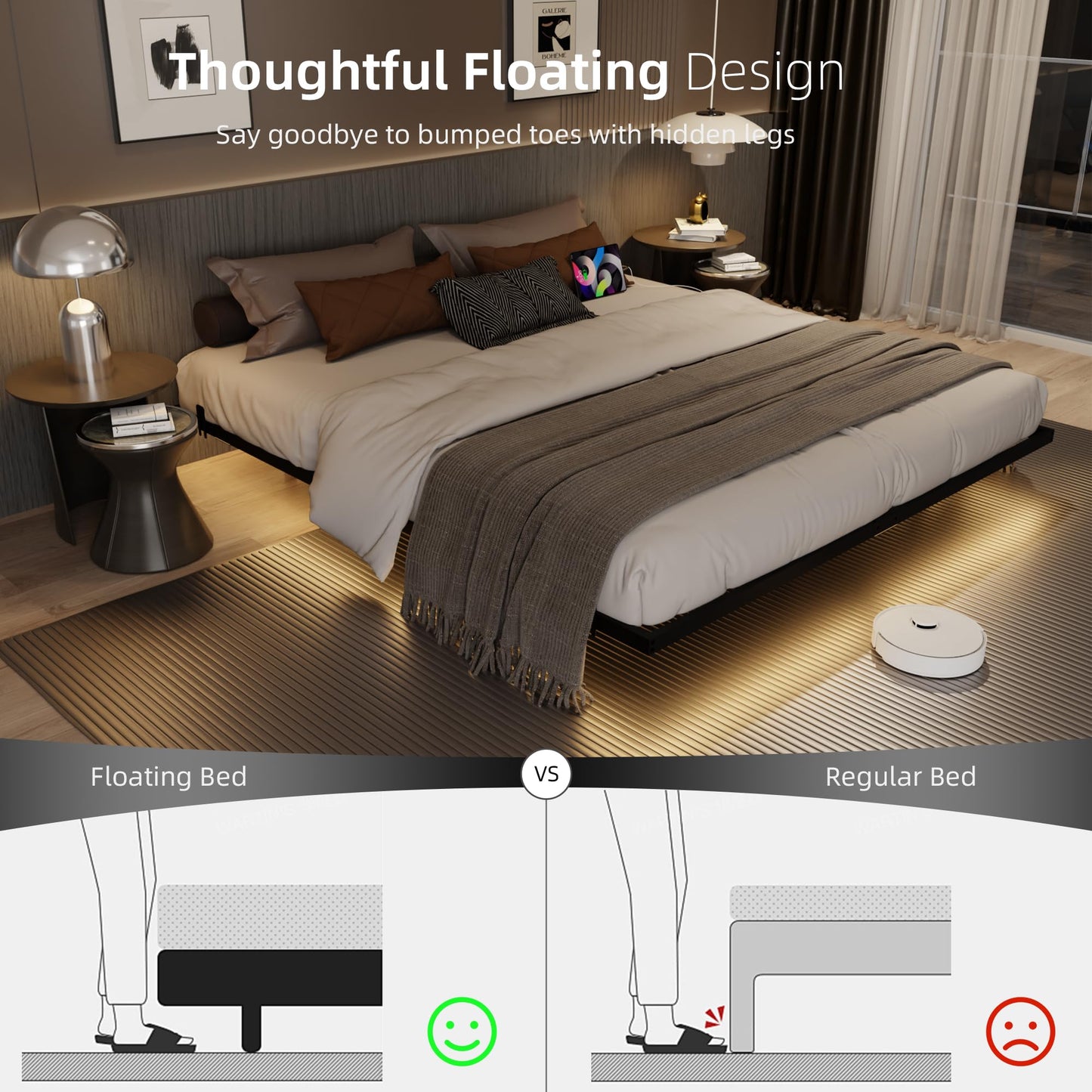 Muluflower Floating Bed Frame Full Size with Charging Station and LED Lights, Metal Platform Bed Frame, No Box Spring Needed, Easy Assembly, (Full)