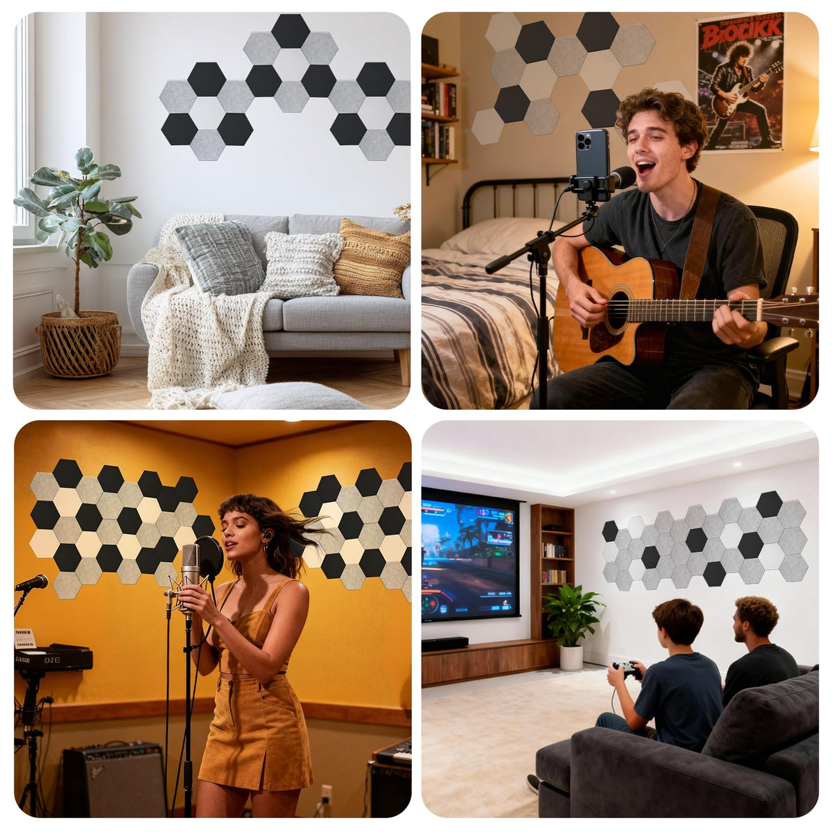 TOMAIX 24 Pack Hexagon Panel, 12"X10"X 0.4"Black Hexagon Self Adhesive Soundproof Wall Panels, High-Density Sound Absorbing Panels, Acoustic Treatment Panels