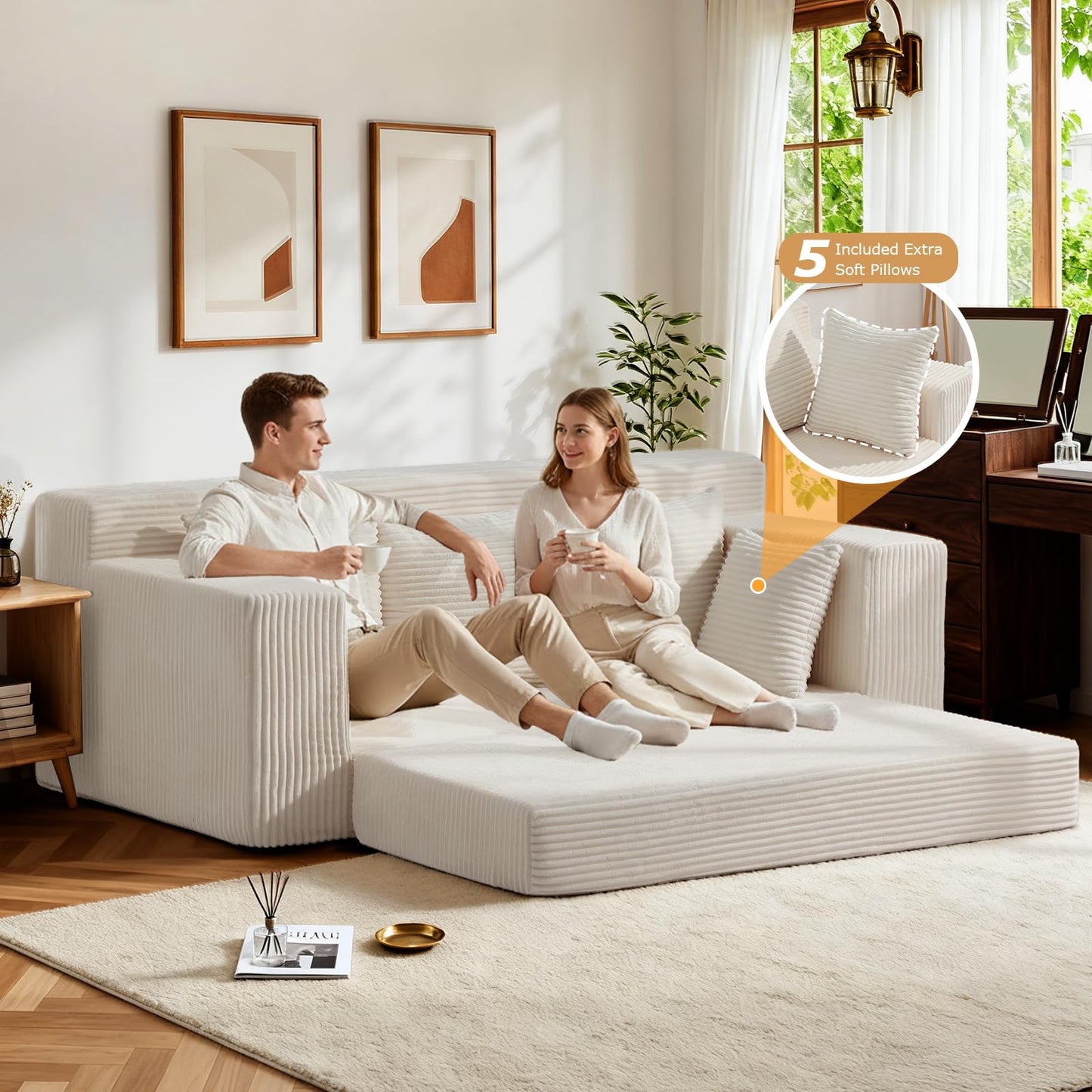 Winzoo Boneless Couch 70 inch, 3 Seater Couch with Pull Out Bed, Boneless Loveseat Oversize Beige Futon Couch Floor Bed with 5 Pillows for Living Room Bedroom Lounge Small Space