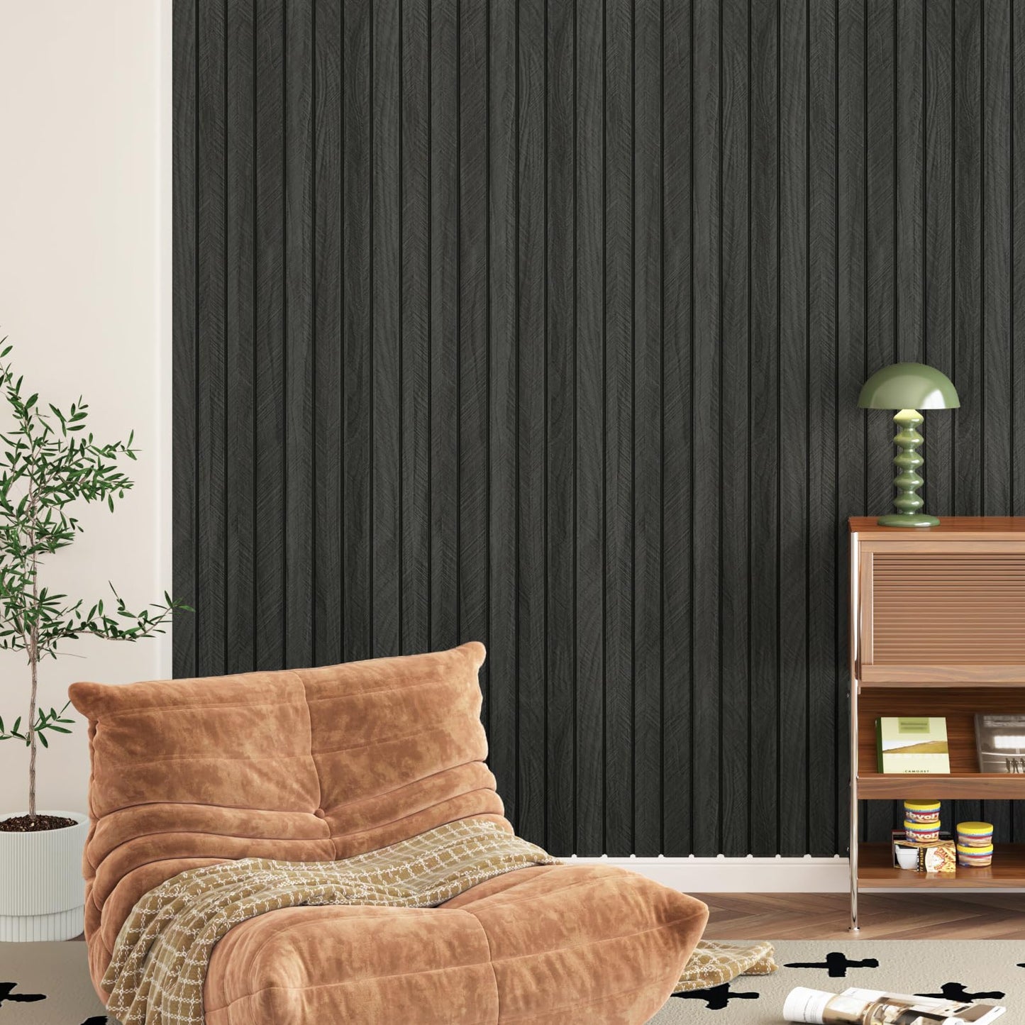 STICKEEP Grey/Black 3D Wood Panels for Wall Decor 197"x11.8" Peel and Stick Faux Wood Wall Panel Self Adhesive Soundproof Wooden Slats Paneling Wallpaper for Living Room Bedroom Office Work Shop