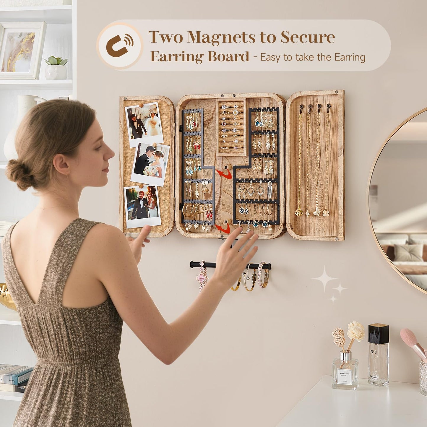 Pinzoveco Hanging Jewelry Organizer, Wall Mounted Jewelry Organizer for Earring Holder Organizer, Jewelry Cabinet Holder Jewelry Storage Box for Earrings, Necklaces, Bracelets, Ring Holder