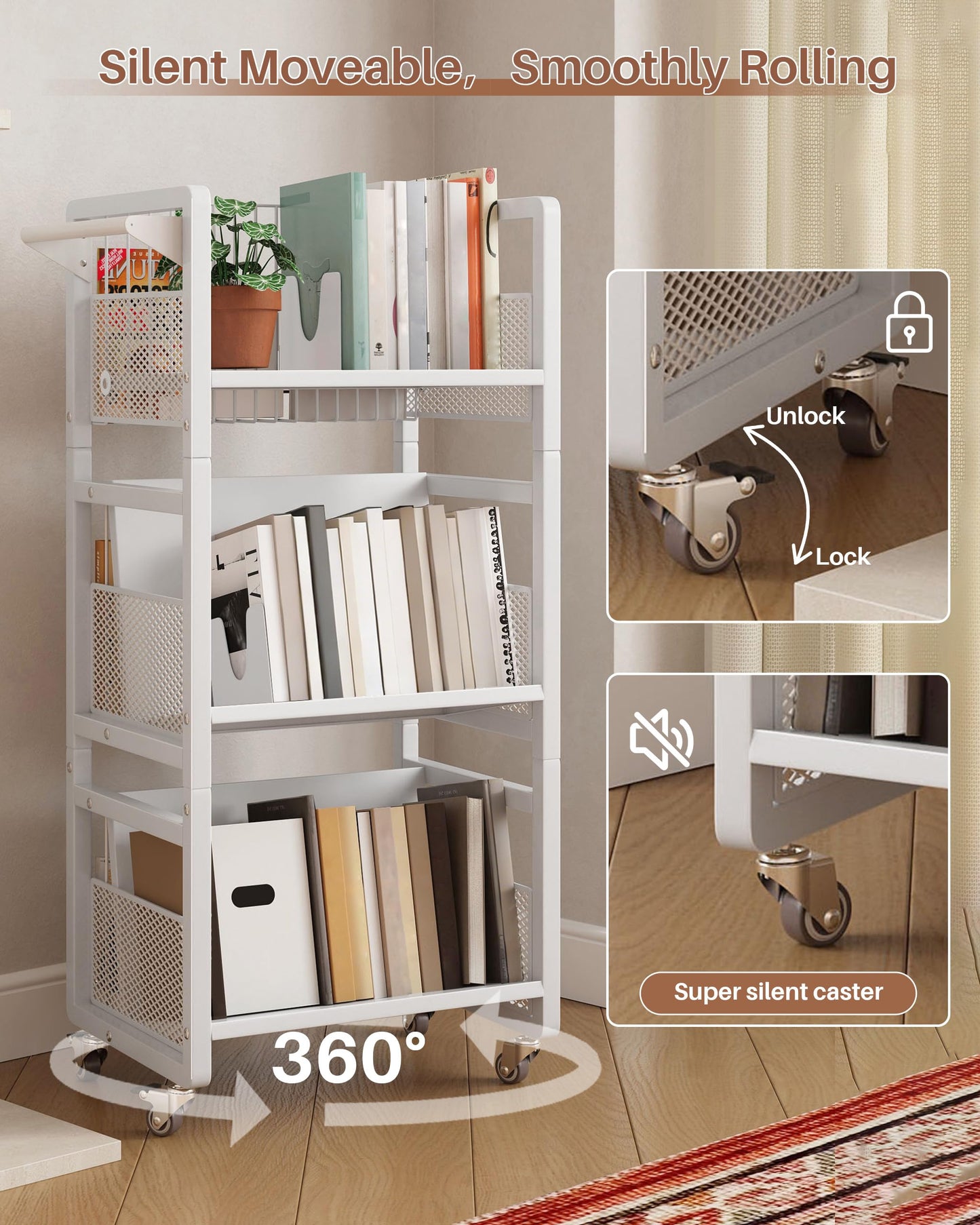 UMDONX Heavy-Duty Double-Sided Book Cart with Silent Wheels and 3 Magnetic Book Shelves, Rolling Book Shelf, Library Book Cart, Suitable for Home, Office, or School （White）