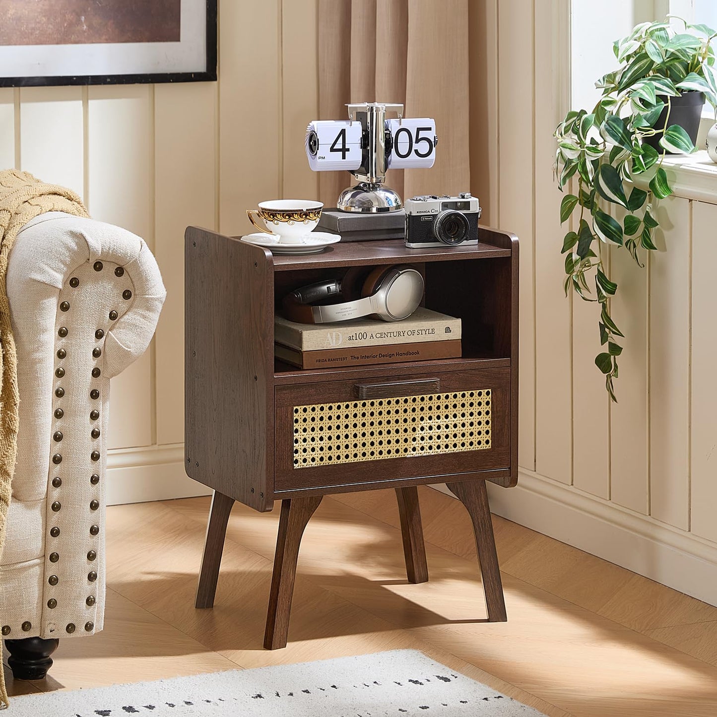 Lerliuo Rattan Nightstand, Bedside Table with Drawer Open Shelf, Cane Accent Side End Table with Solid Wood Legs, Walnut Vintage Night Stand for Bedroom, Dorm and Small Spaces