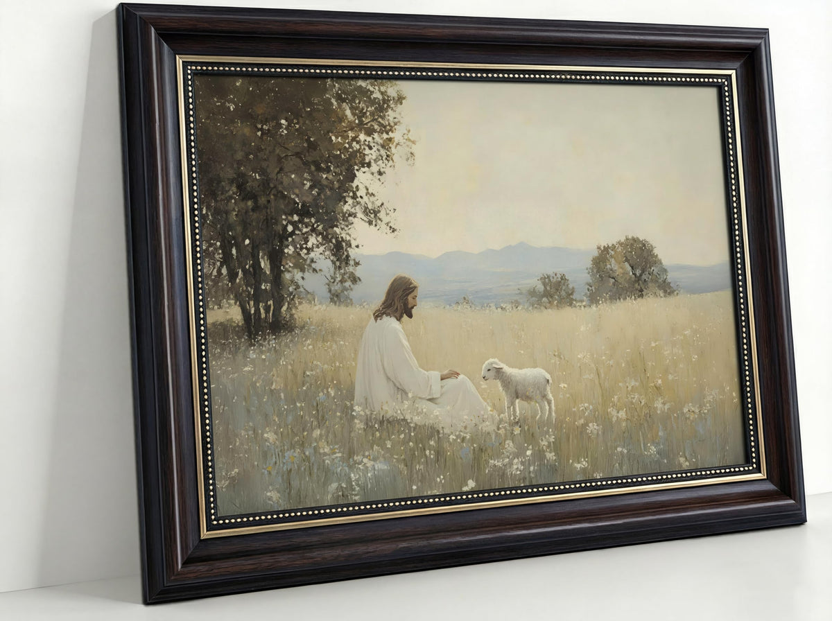Dark Brown Framed Jesus And The Lamb Canvas Wall Art Jesus Leaves The 99 Sheep Wall Decor Picture Christian Bible Stories Poster Print Artwork for Church Living Room Bedroom Decoration