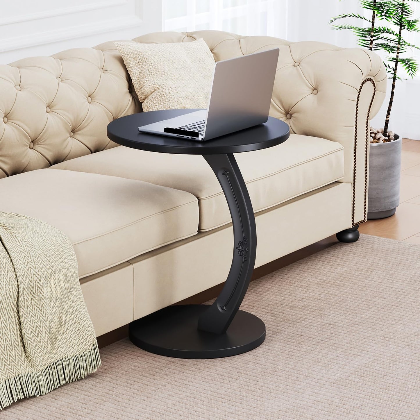 PlushVibes Round C-Shaped End Table - Small C Shaped Side Table for Couch/Sofa, Solid Wood Couch Tables that Slide Under Beside, Space Saving Tables Tray for Living Room, Bedroom, Small Space (Black)