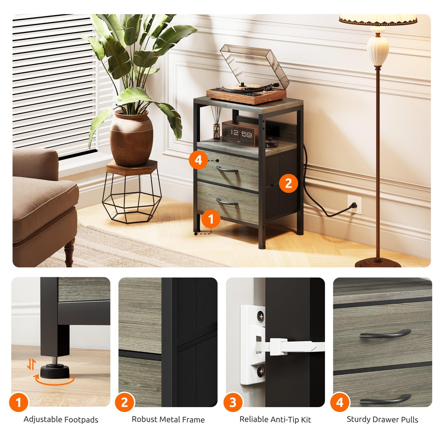 Lazzanto NightStand Bedside Charging Table Bedroom - Night Stand with Charger Station, Modern Nightstand with Open Shelf & 2 Fabric Drawers, End Table with USB-C USB Ports & AC Outlets for Dorm, Grey