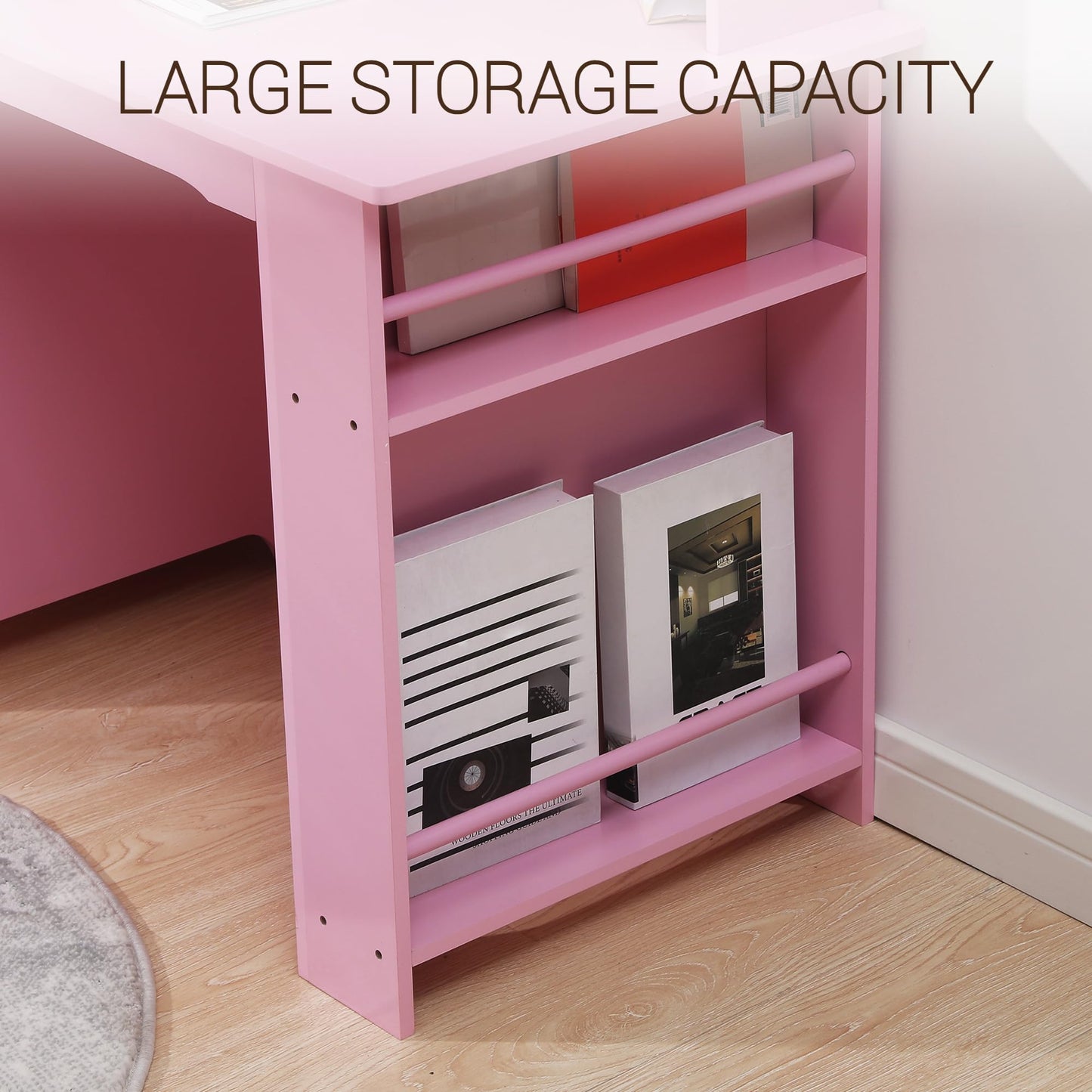 Kids Desk and Chair Set, Study Desk and Chair Set,Wooden Study Desk with Bookshelf, Bulletin Board, Cabinet & Drawer,Pink Children’s Writing Table