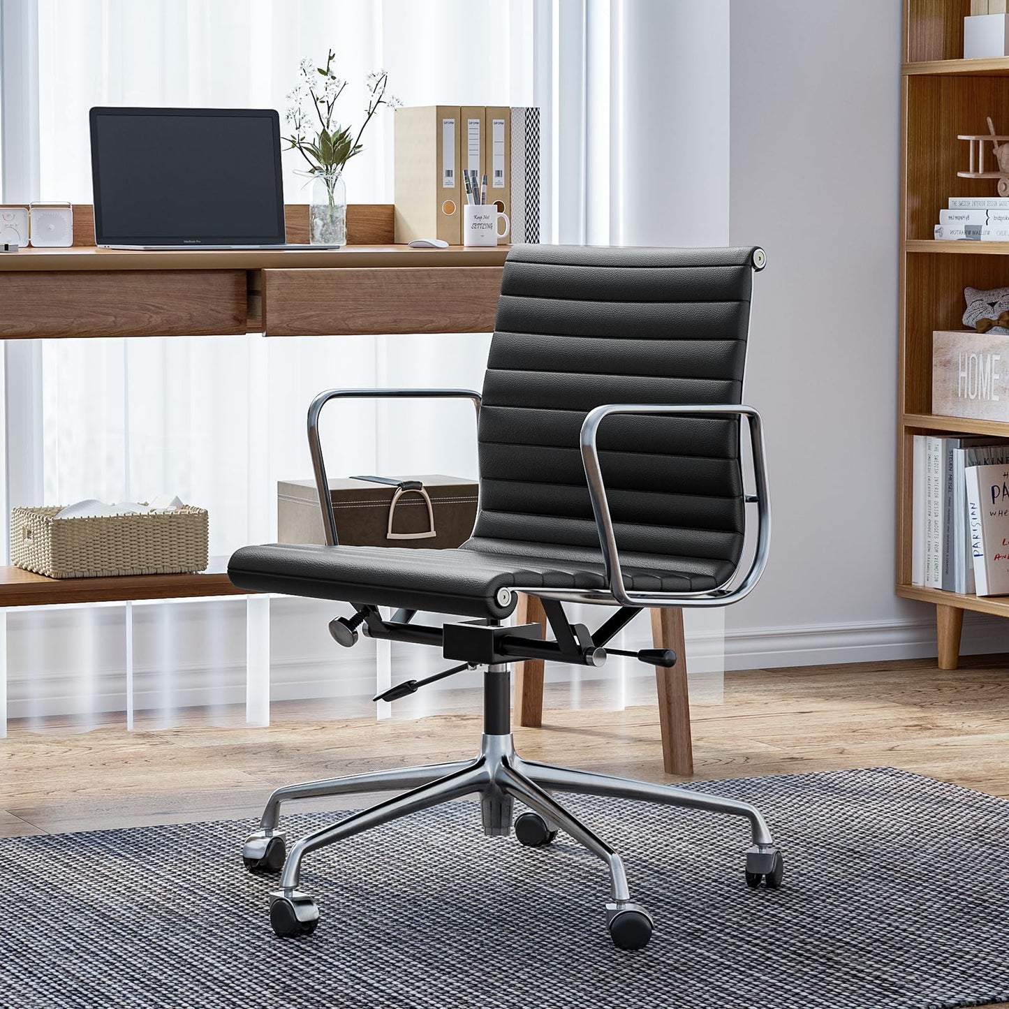 OTDMEL Ribbed Office Chair with Top Grain Leather - Mid Back Ergonomic Desk Chair with Aluminum Arm Rest and 5-Star Base, Swivel Chairs Black