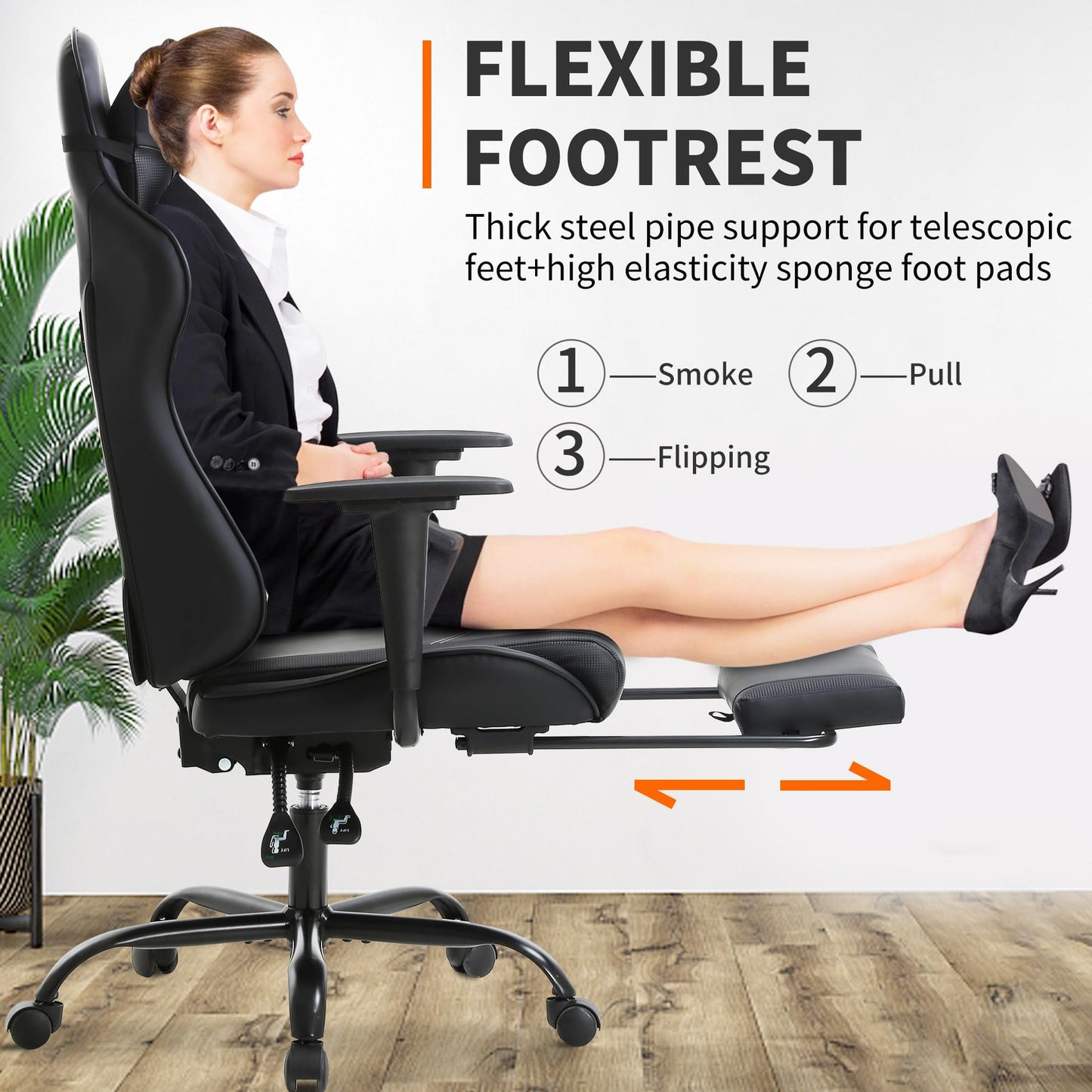 BestOffice | Ergonomic Gaming Chair | Black | Reclining Computer Chair with Lumbar Support, Headrest Pillow, Adjustable Footrests | 360 Swivel with Heavy Duty Wheels | for Home & Office