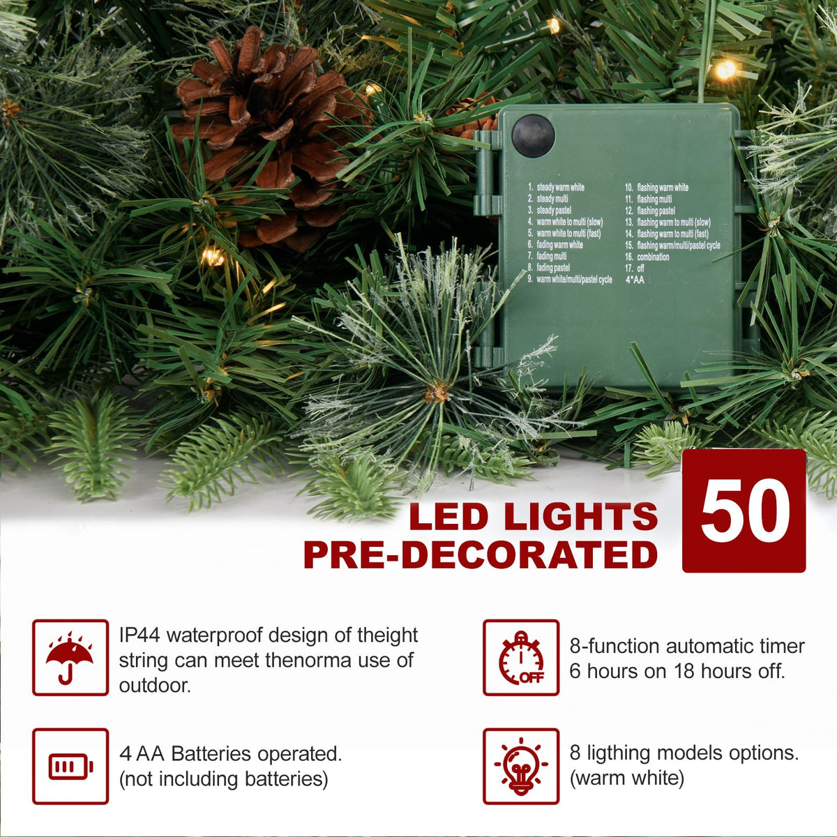 9FT Prelit Artificial Christma Garland with Dual Color LED Lights and Timer by Remote Control and Batteries Operated, Home Mantle Stairs Railing Fireplace Outdoor Indoor Wall