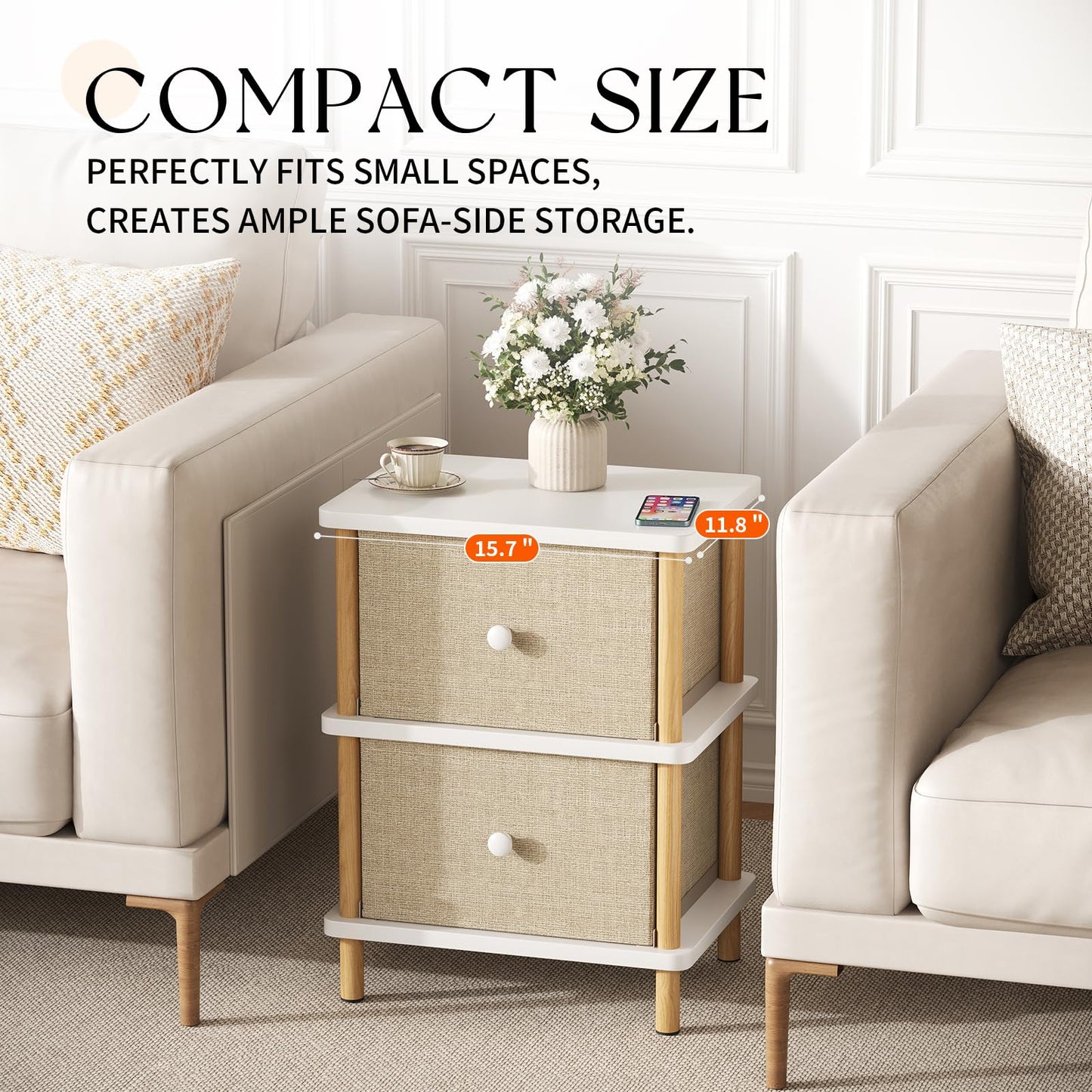 Apicizon Nightstand with 2 Storage Drawers, Boho Side Table with Solid Wood Legs, End Table for Small Spaces, Bedroom, Living Room, Entryway, White+Natural
