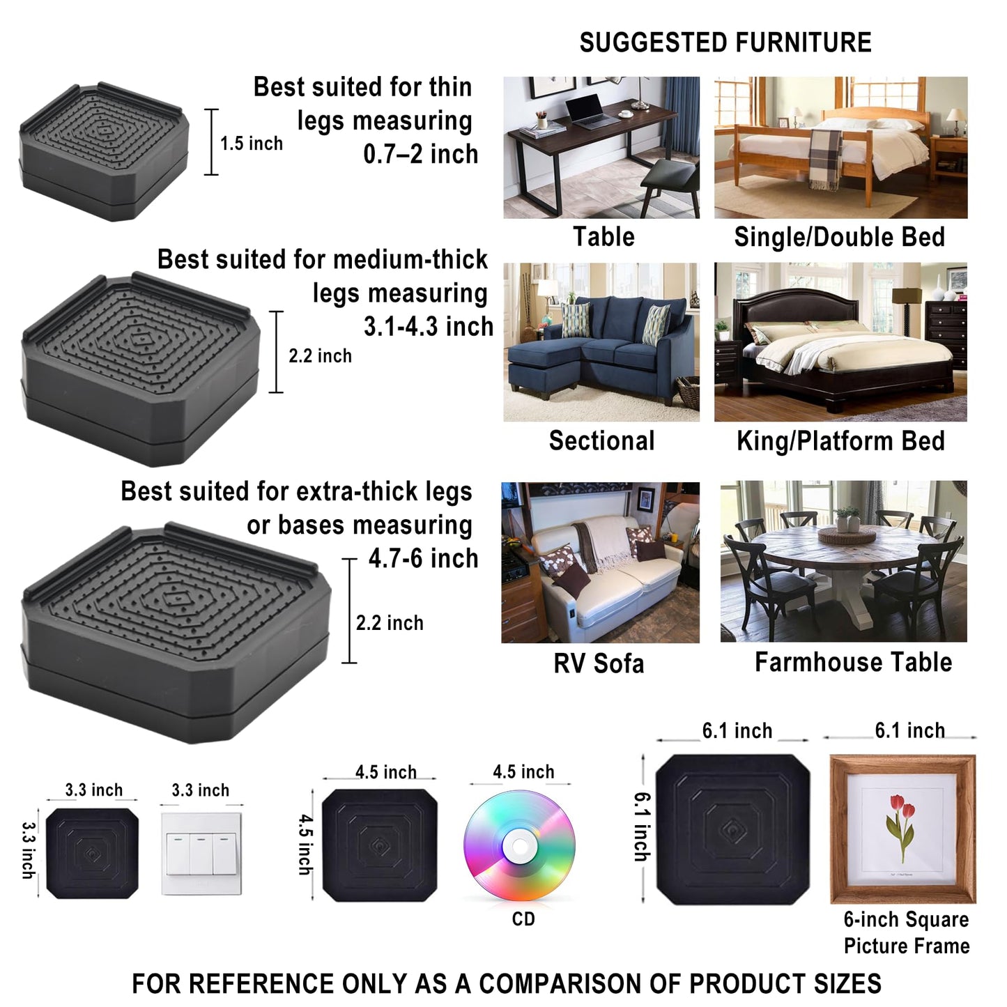 EclatBain Bed Risers Furniture Risers Heavy-Duty Rectangular Adjustable Block Lift to 3 inches and 4.3 inches Desk, Sofa, Chair Legs, Refrigerator, Washing Machine Support up to 4000 pounds