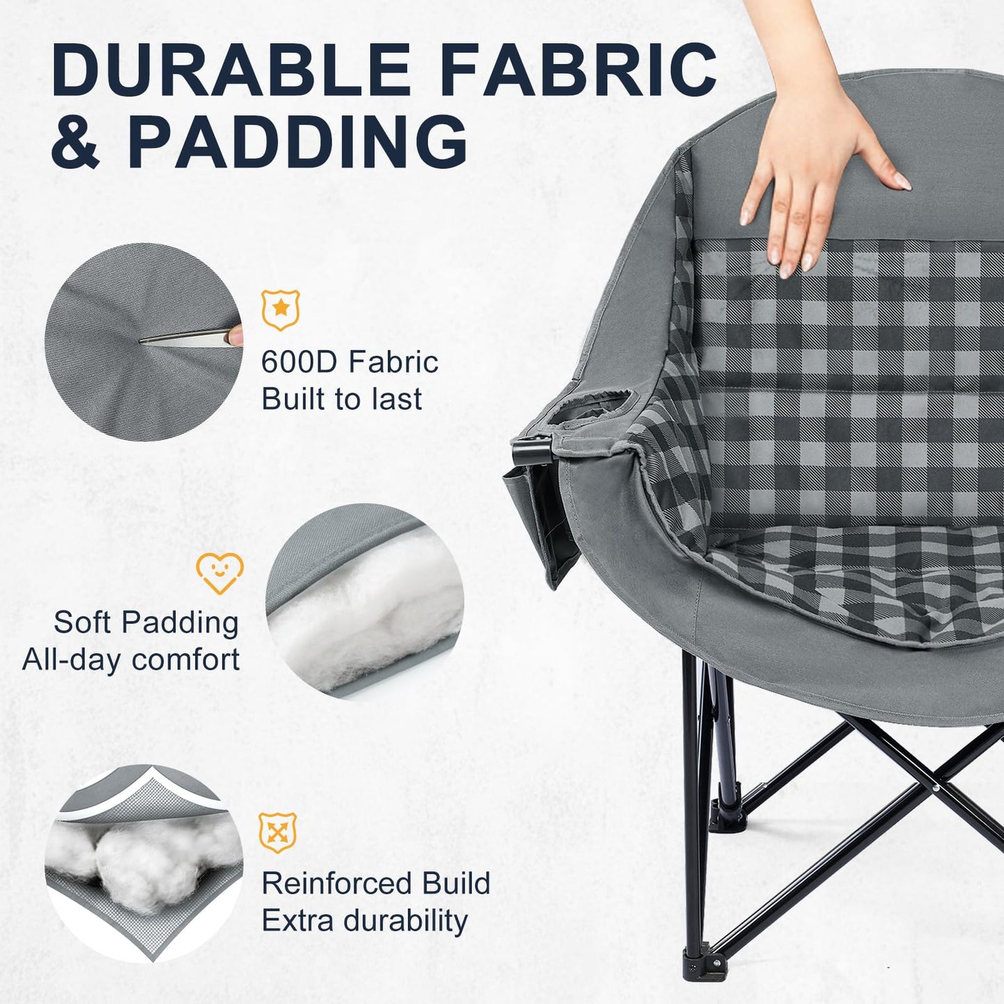 Oversized Camping Chairs for Adult - Heavy Duty Padded Portable Folding Chair XL Collapsible Camp Chair with Cup Holder Side Pocket for Outdoor Lawn Beach Sport Fishing Support 500LBS, Plaid 2 Pack