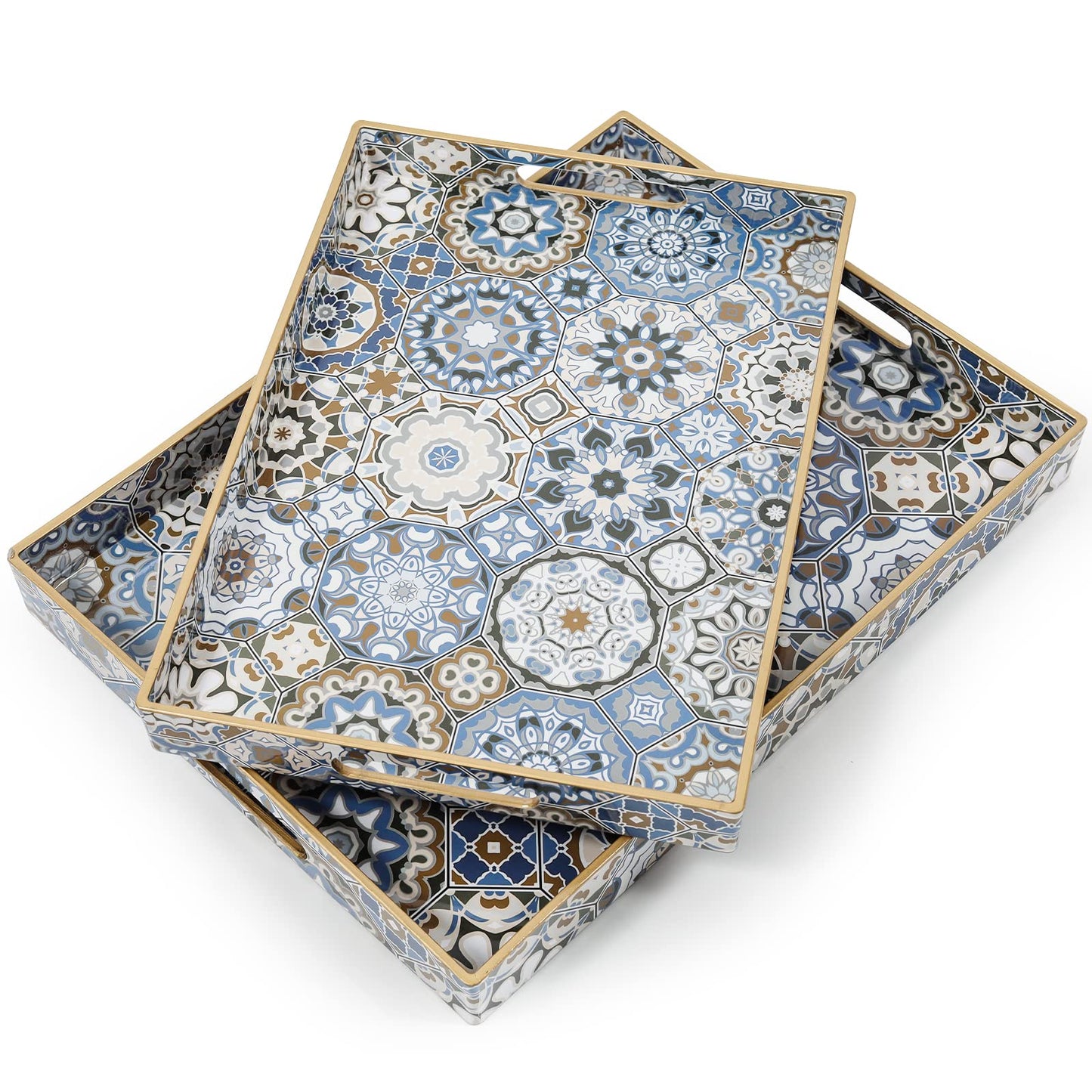 AGIOTA 2 Pcs Serving Tray with Handles Bohemian Decorative Tray Large Ottoman Trays for Living Room Blue Coffee Table Trays for Breakfast