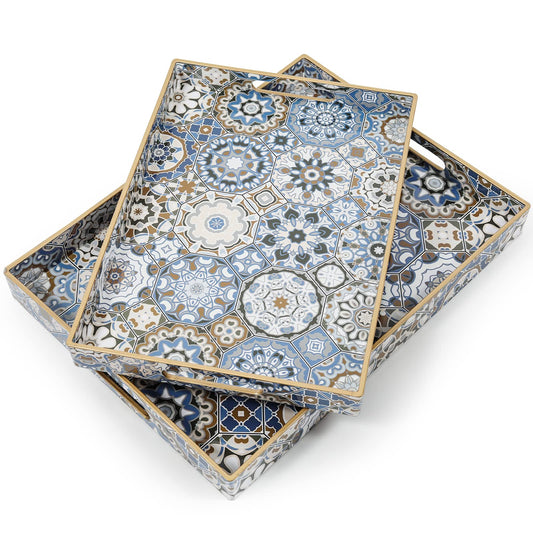 AGIOTA 2 Pcs Serving Tray with Handles Bohemian Decorative Tray Large Ottoman Trays for Living Room Blue Coffee Table Trays for Breakfast