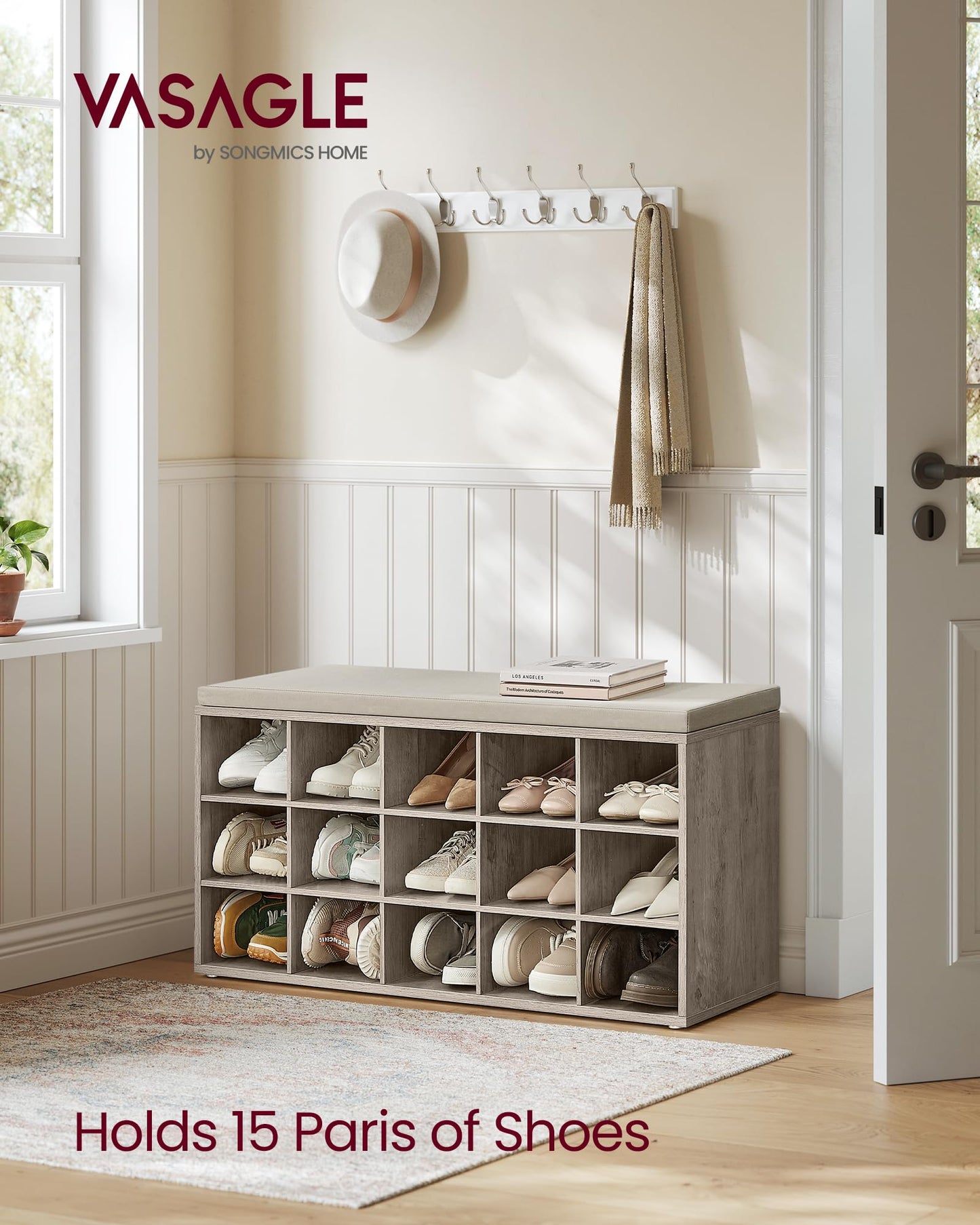 VASAGLE CUSTOS Collection - Shoe Bench, Storage Bench with Padded Seat, Entryway Bench with 15 Compartments, for Bedroom, 11.8 x 41.3 x 18.9 Inches, Heather Greige and Cappuccino Beige ULHS015K01