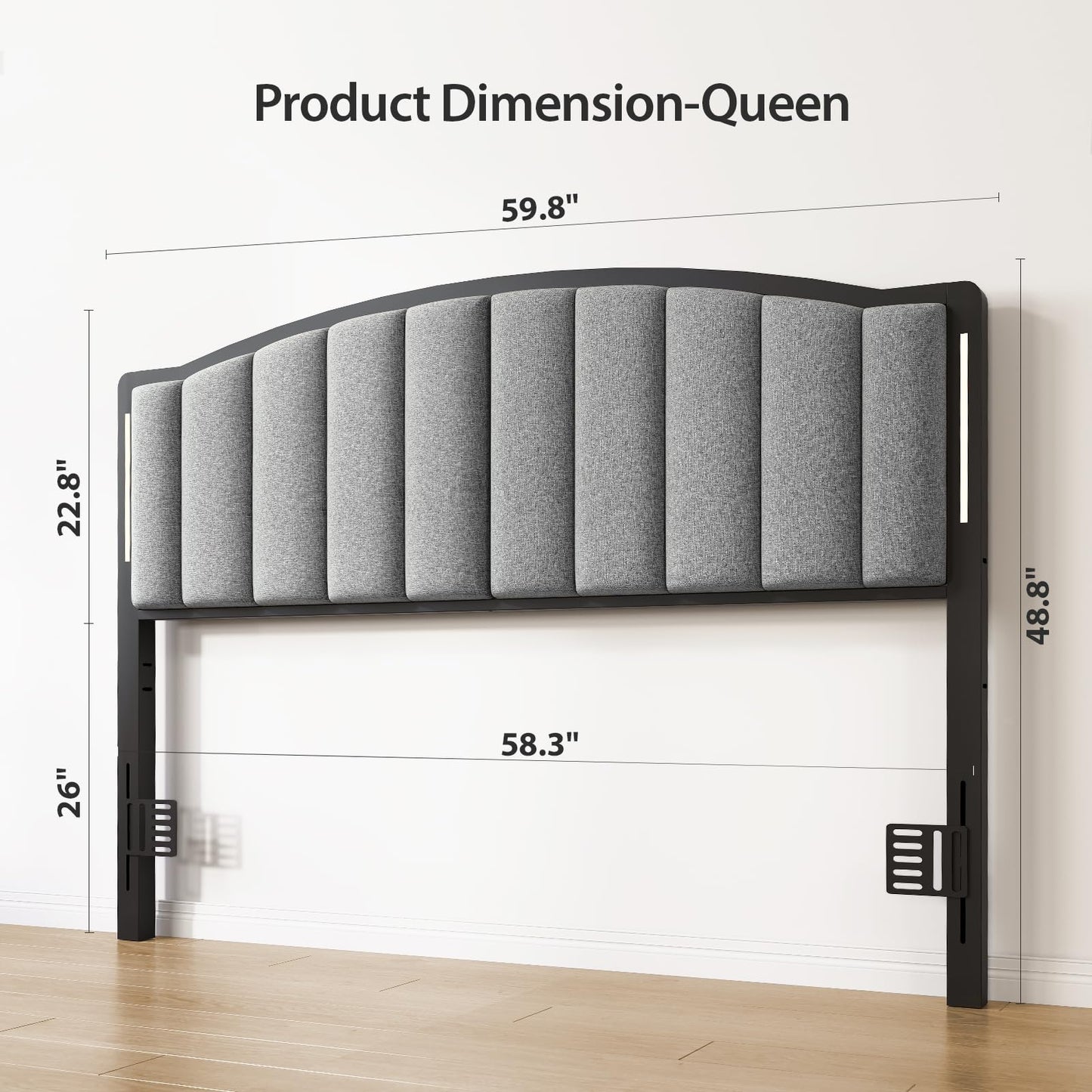 Salamir Headboard for Queen Size Bed with LED Lights, Upholstered Vertical Channel Tufting Head Boards, Linen Fabric Bed Headboard Only, Attach Frame, Ideal for Bedroom, Dorm, Guest Room, Grey