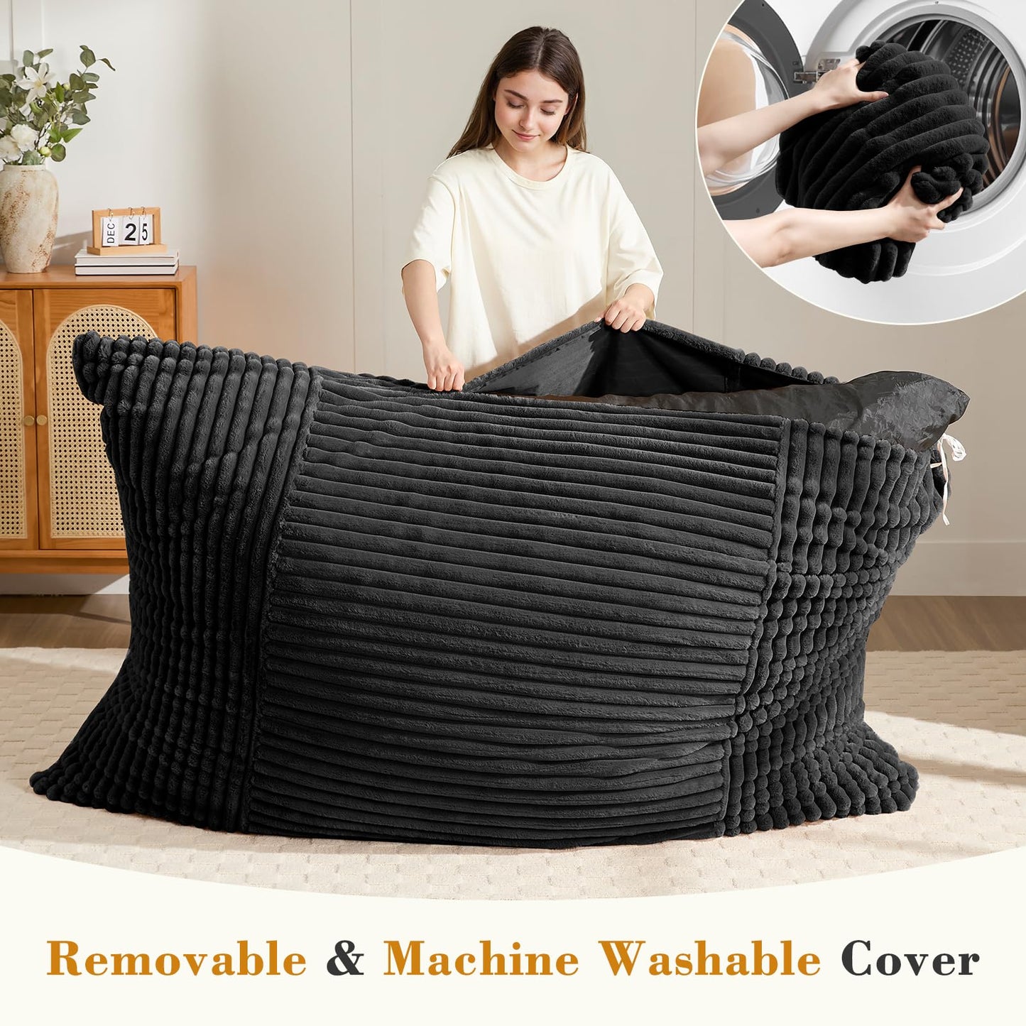 3-in-1 Giant Bean Bag Chair for Adults & Kid, Convertible Floor Sofa to Mattress, High-Density Foam Chair Bed with Washable Cover, Multi Functional Lounge Couch for Bedroom, Living Room (Black)